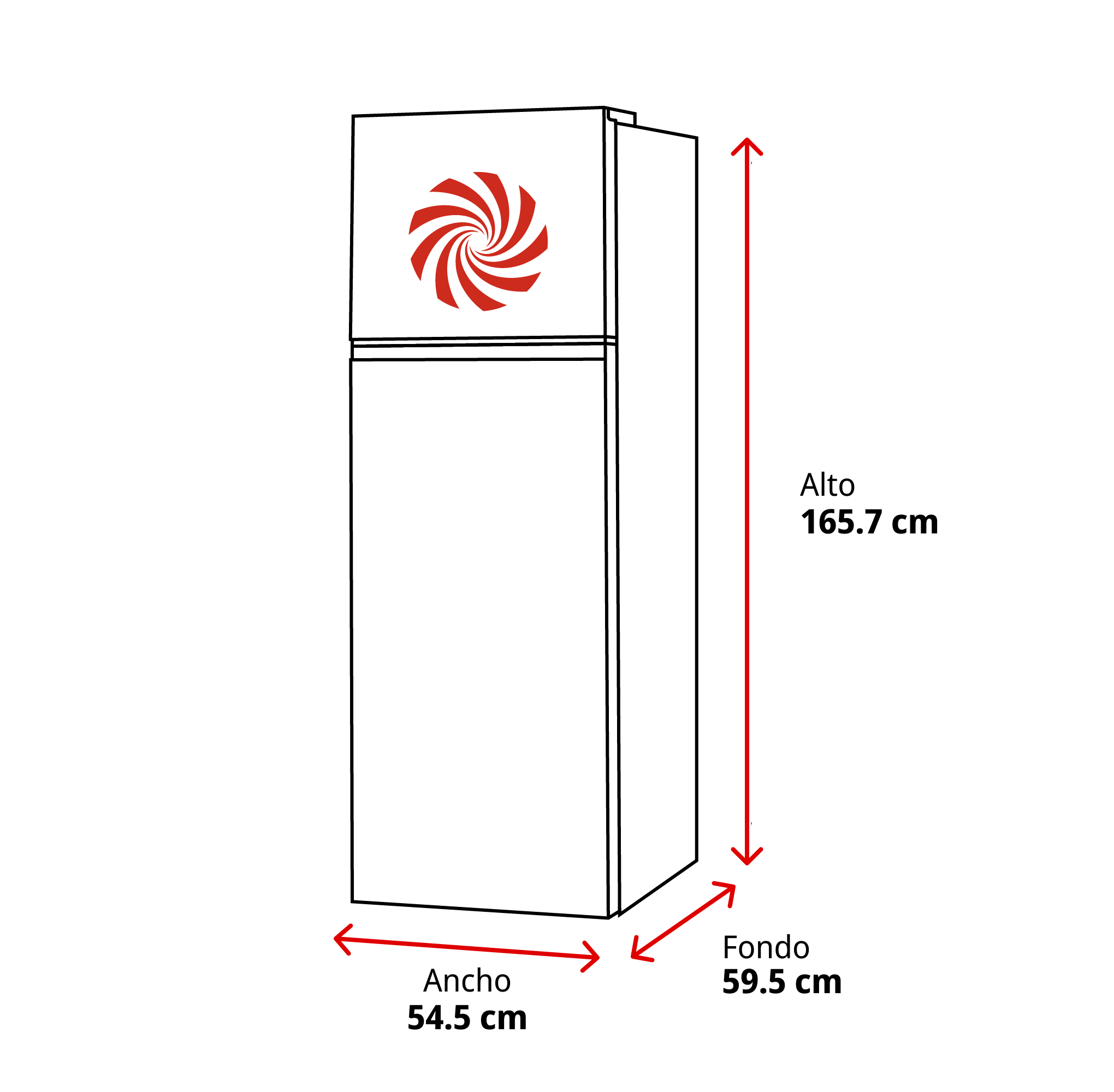 Refrigerador con logo rojo en espiral. Dimensiones: Alto 165,7 cm, Ancho 54,5 cm, Fondo 59,5 cm.