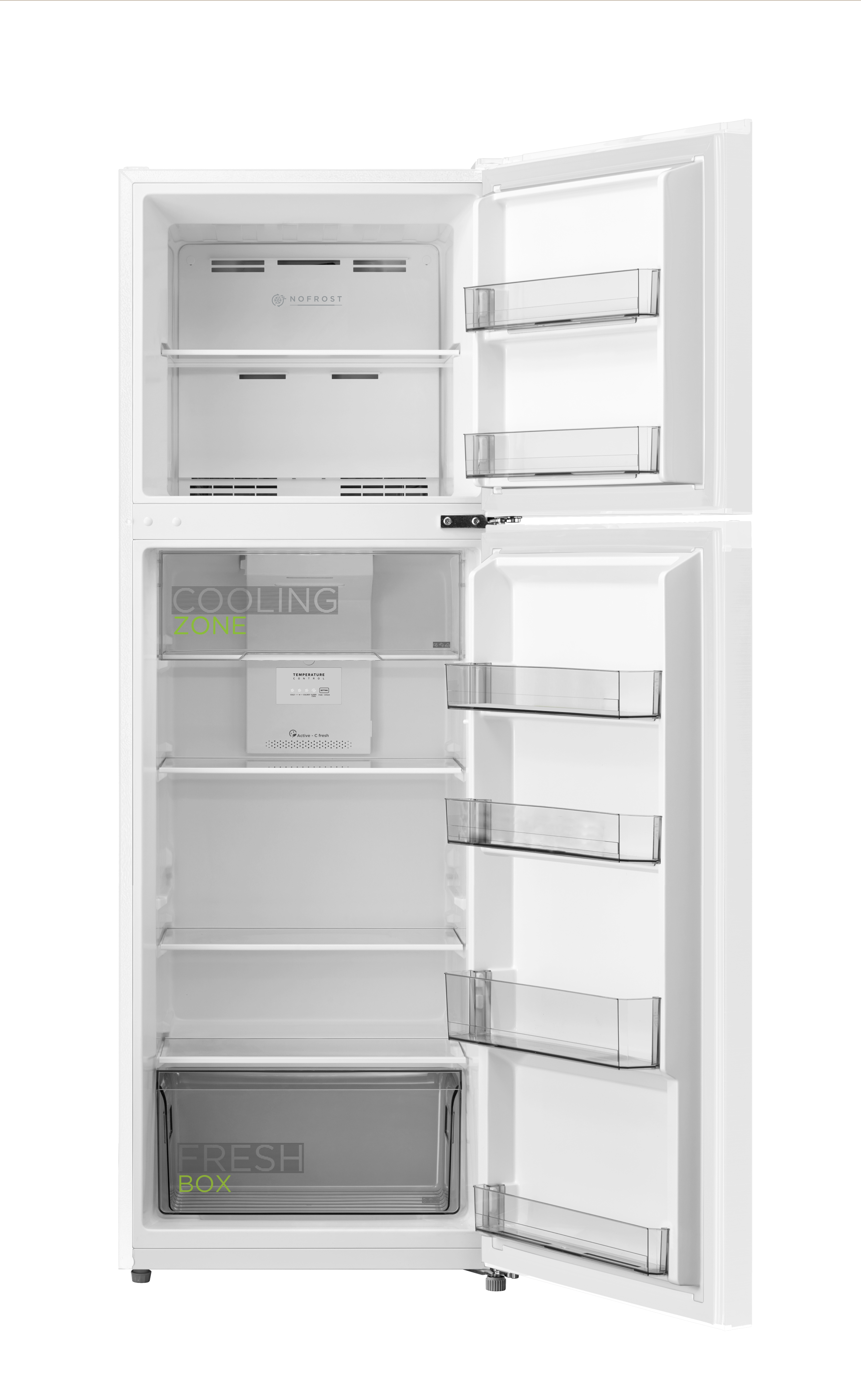 Un refrigerador blanco abierto con múltiples estantes y cajones, incluido un 