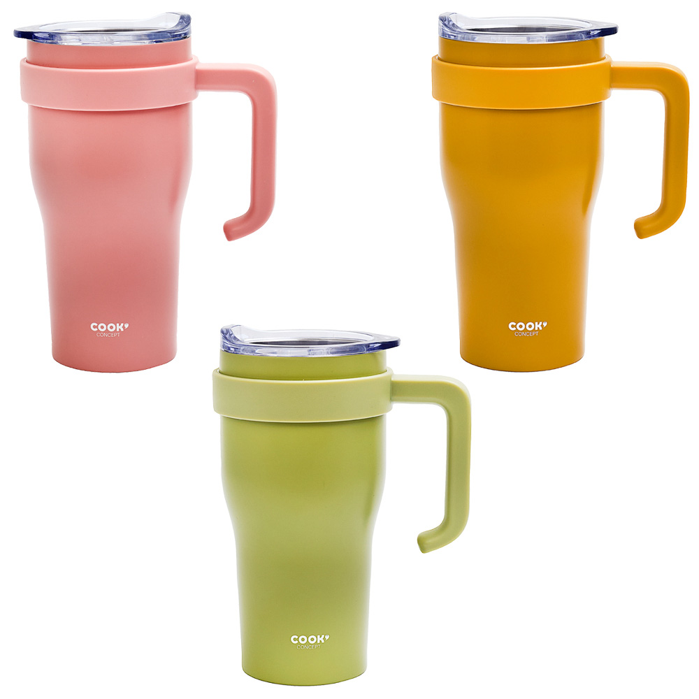 Tres tazas en rosa, amarillo y verde, cada una con asa y tapa transparente.