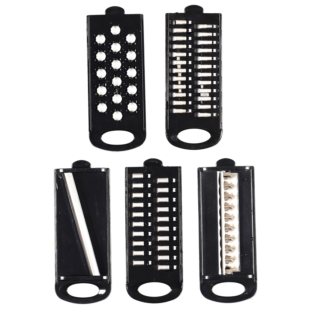 Cinco accesorios de rallador negros sobre fondo blanco.