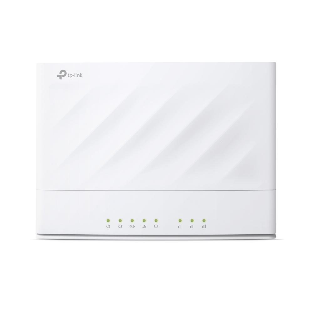 Un router TP-Link blanco con varias luces LED verdes en la parte inferior.