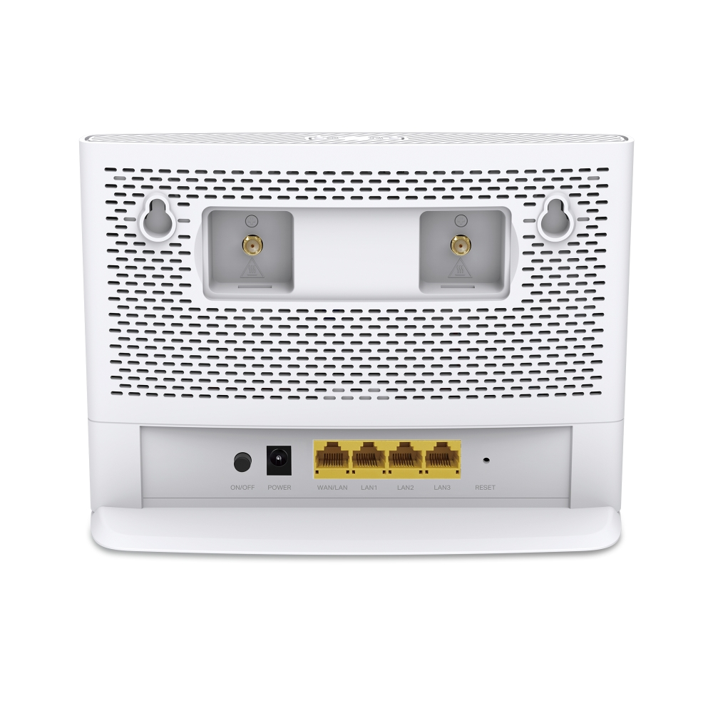 Reverso de un router blanco mostrando puertos: Encendido/Apagado, Energía, WAN/LAN, LAN1, LAN2, LAN3, Reset.