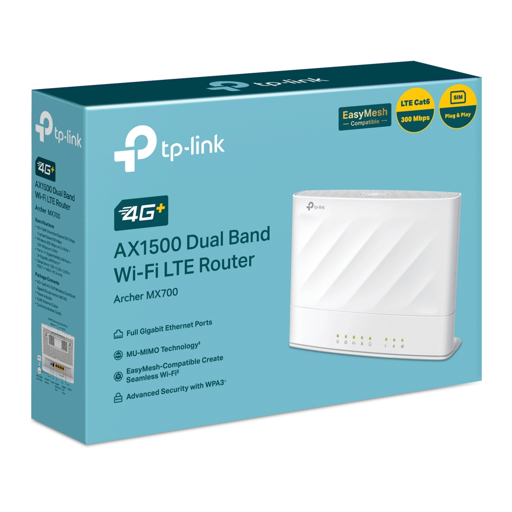 Embalaje del router TP-Link AX1500 Dual Band Wi-Fi LTE Archer MX700.