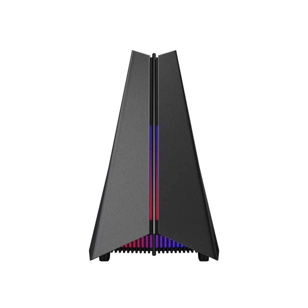 Una caja de PC negra con frente trapezoidal e iluminación RGB.