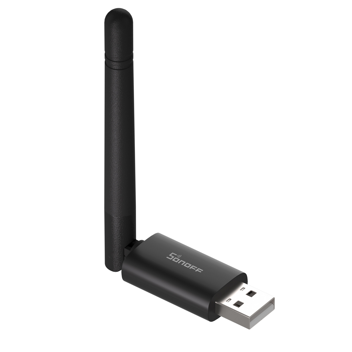 Adaptador WiFi USB negro con antena y logo SONOFF sobre fondo blanco.