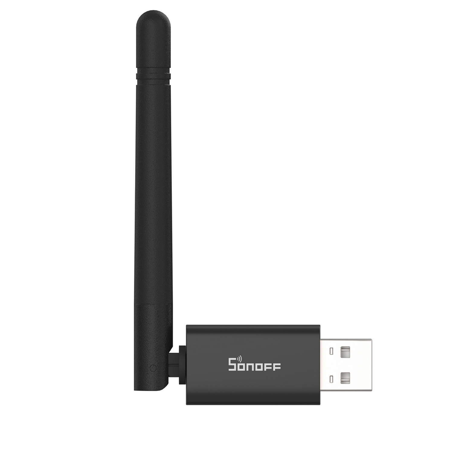 Un dongle USB negro con antena y logo Sonoff sobre fondo blanco.