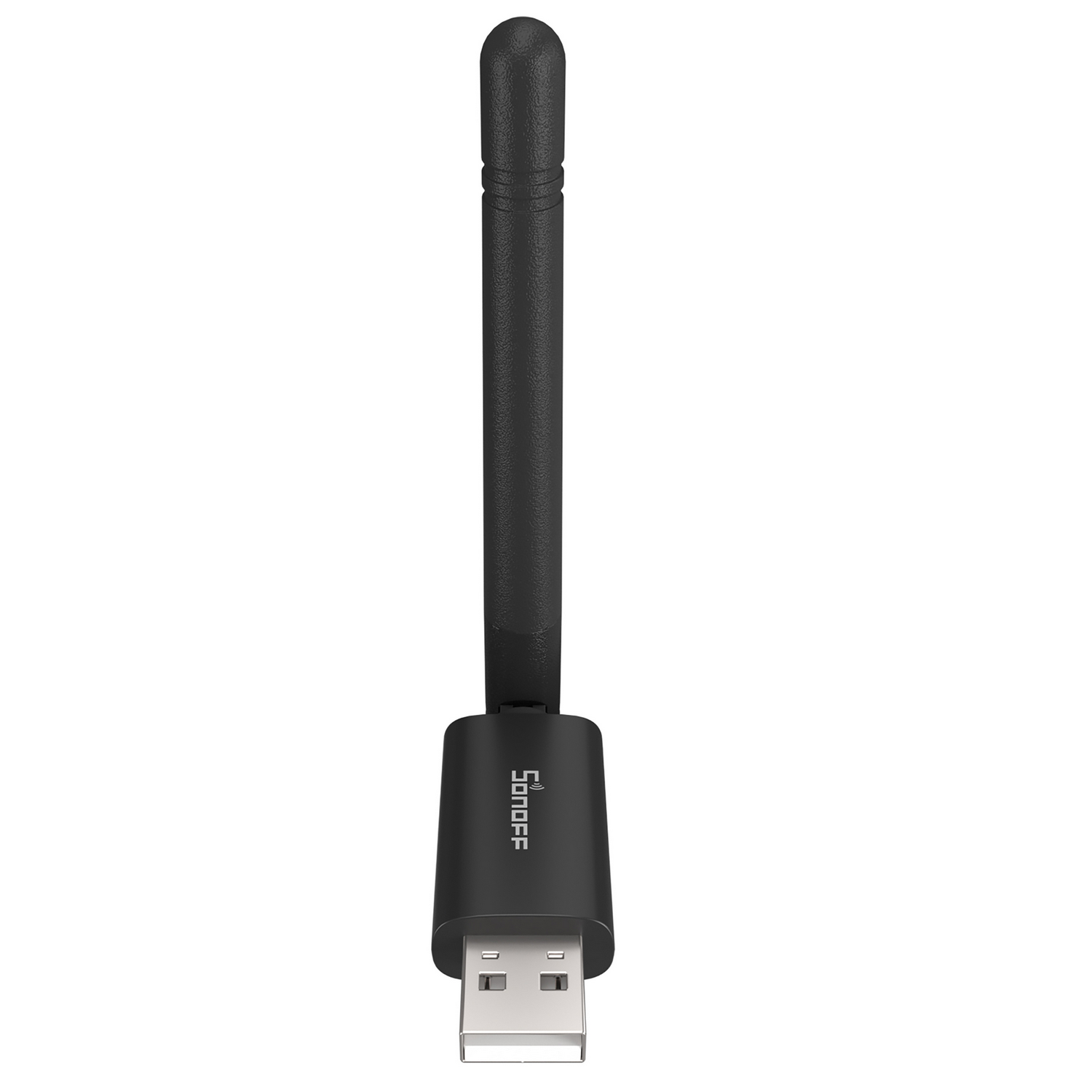 Llave USB negra con antena y logotipo de Sonoff.