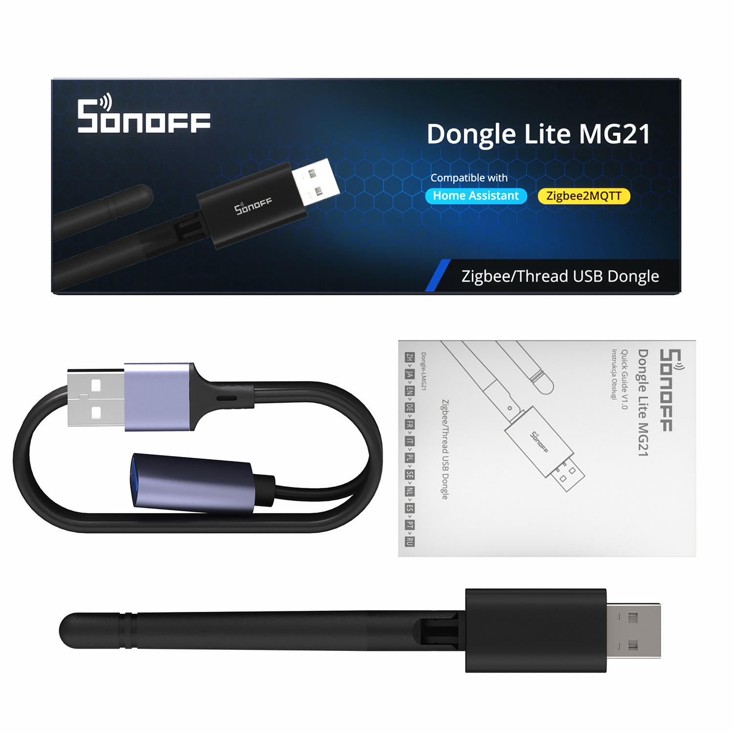 Sonoff Dongle Lite MG21 con cable USB y antena sobre fondo blanco.