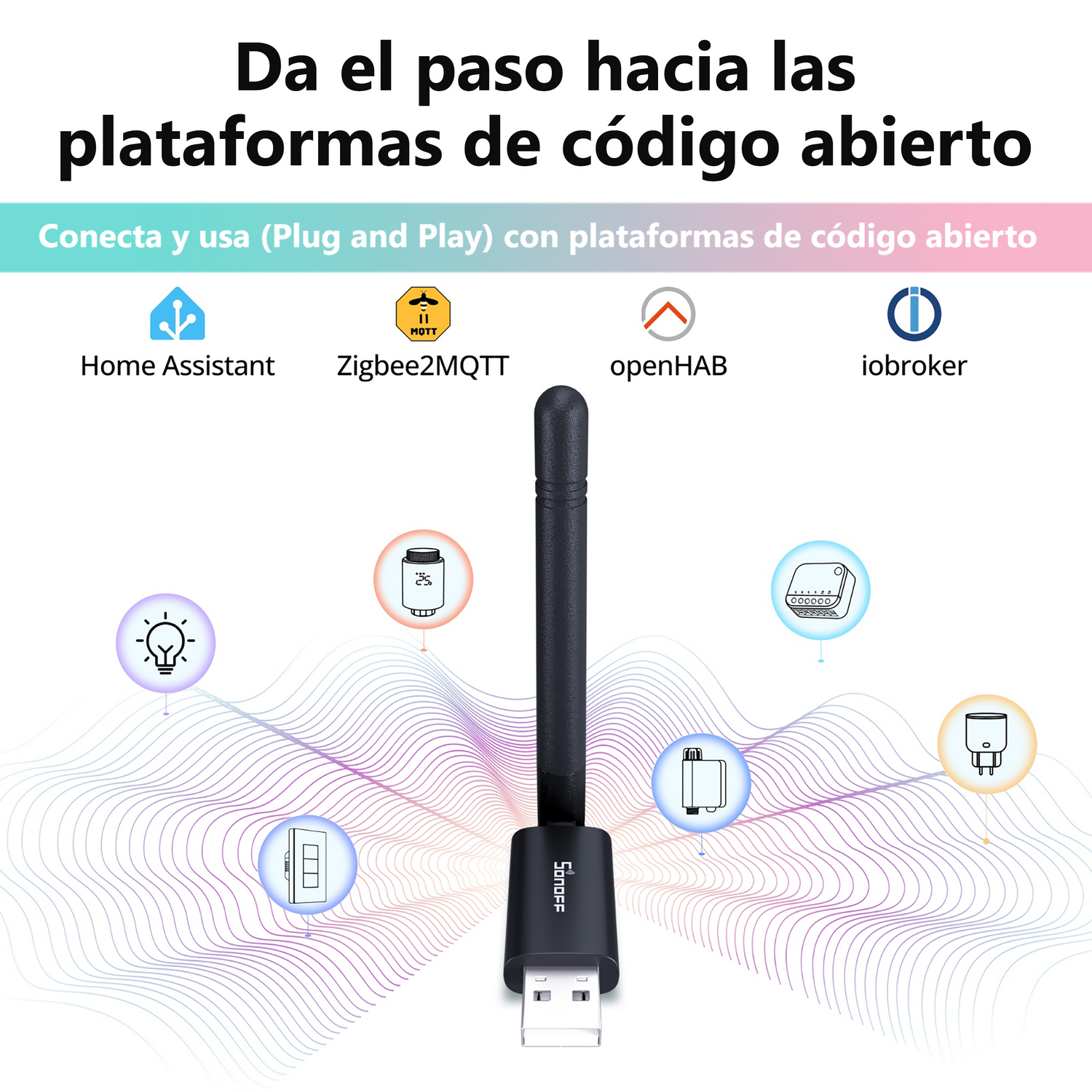 Un pendrive USB con antena e iconos de plataformas domóticas.