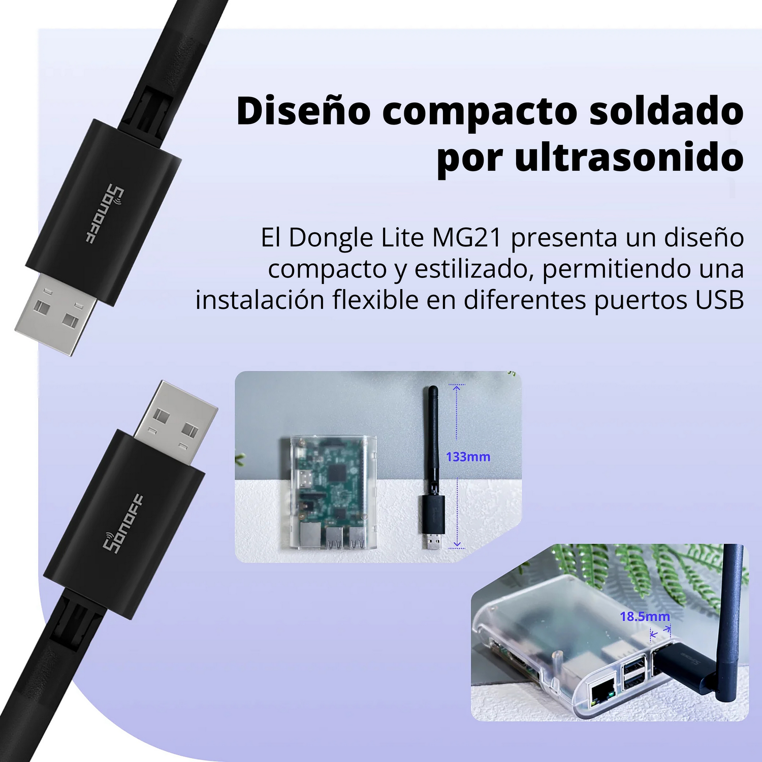 Dongle USB negro con antena y carcasa mostrando placa de circuito.