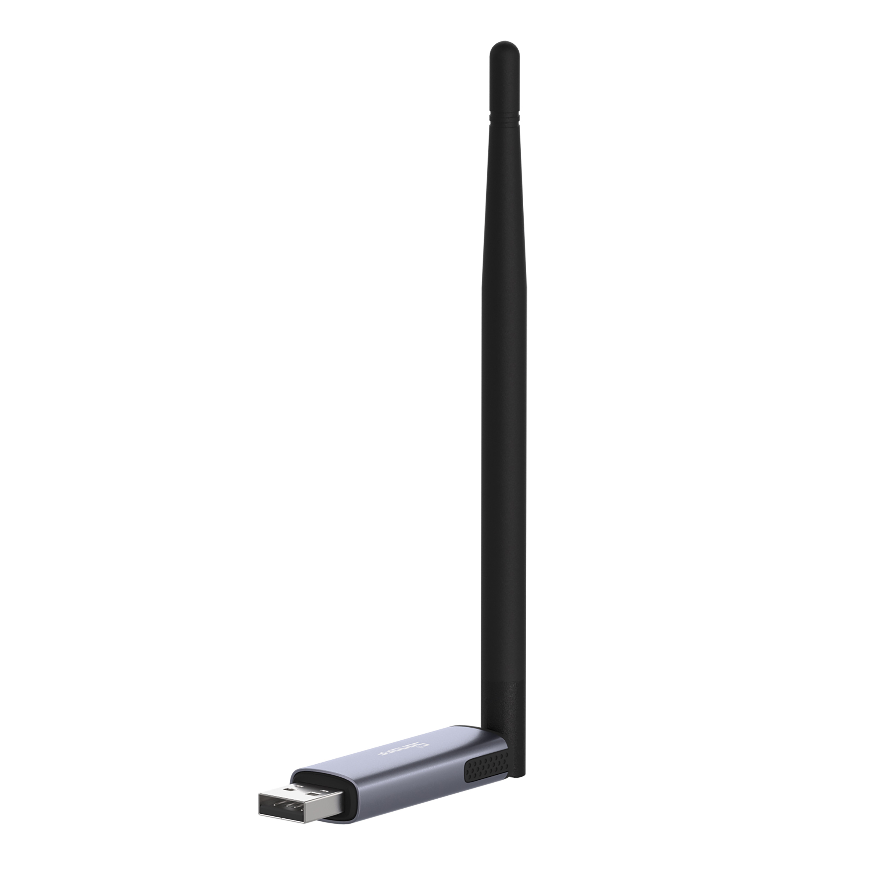 Un elegante dispositivo Wi-Fi USB gris con antena negra sobre fondo blanco.
