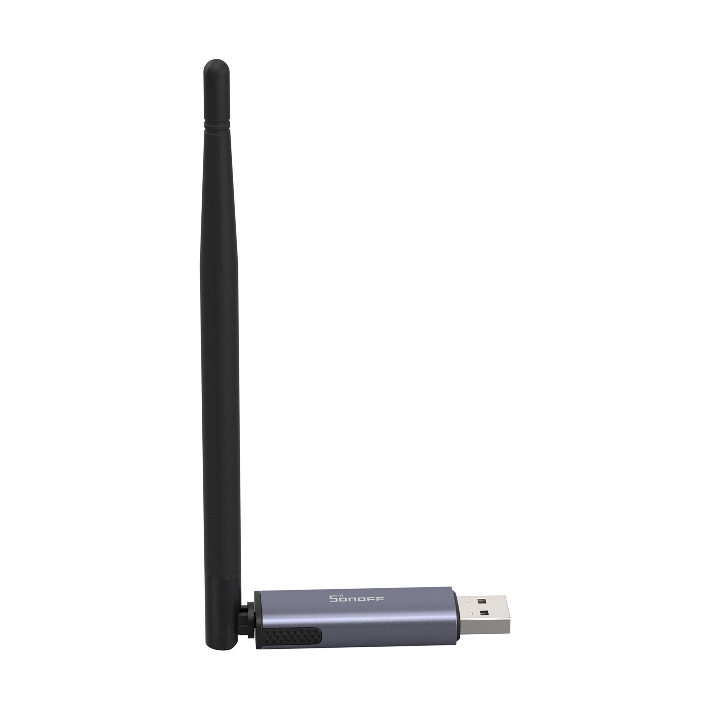 Un pendrive USB gris con antena. El nombre "SONOFF" está impreso.