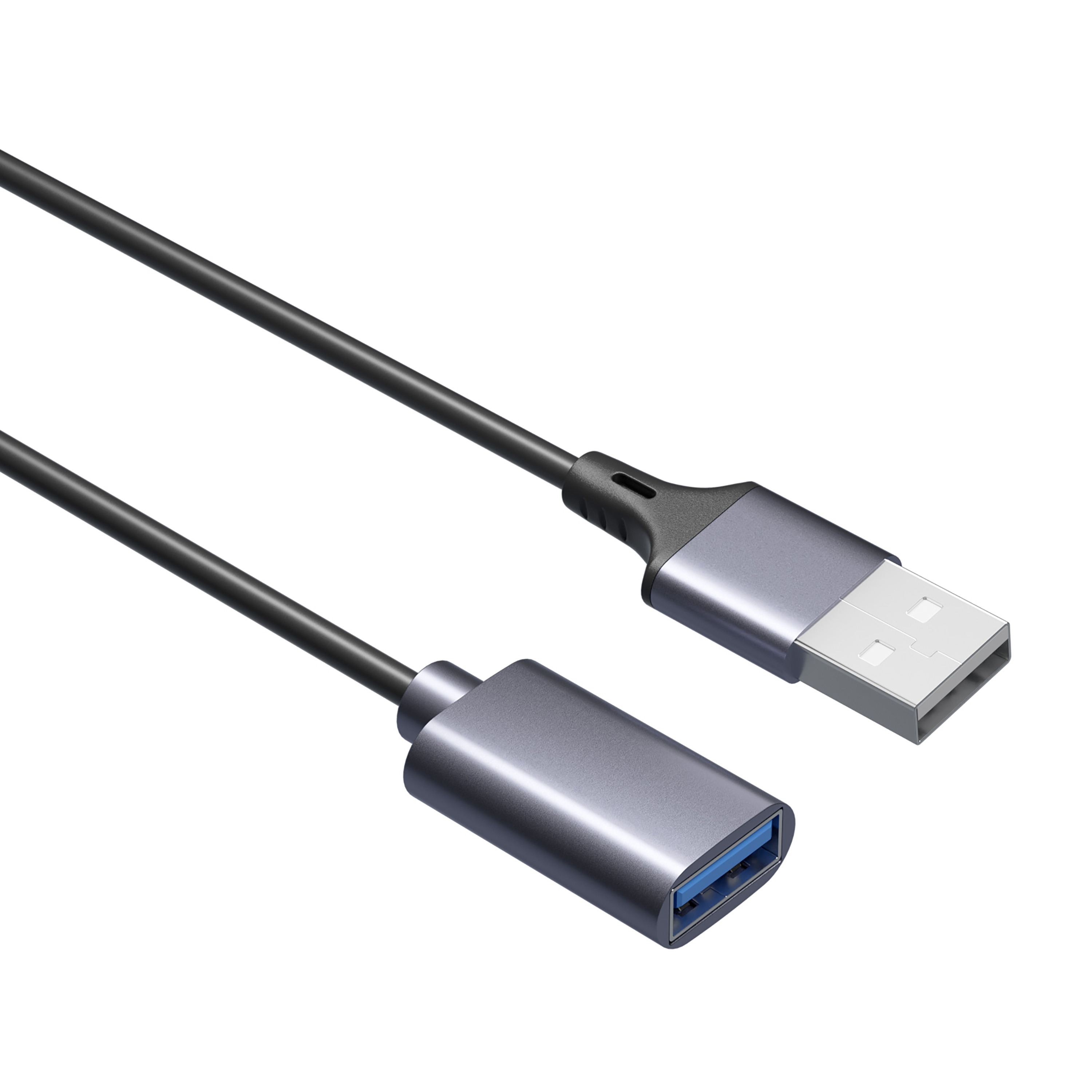 Un cable de extensión USB negro con un conector macho y uno hembra.