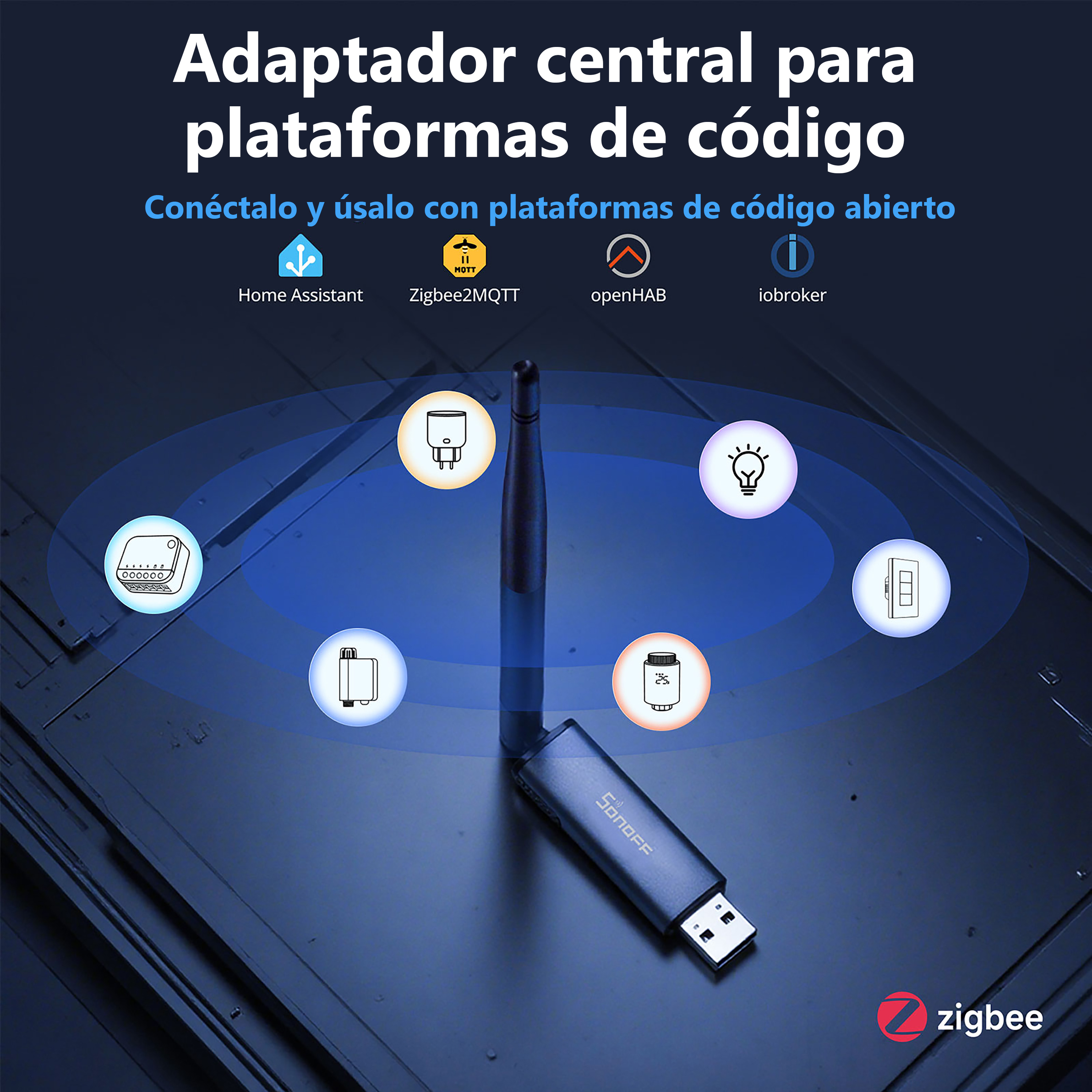 Un adaptador USB Zigbee rodeado de iconos para Home Assistant, Zigbee2MQTT, openHAB, ioBroker.