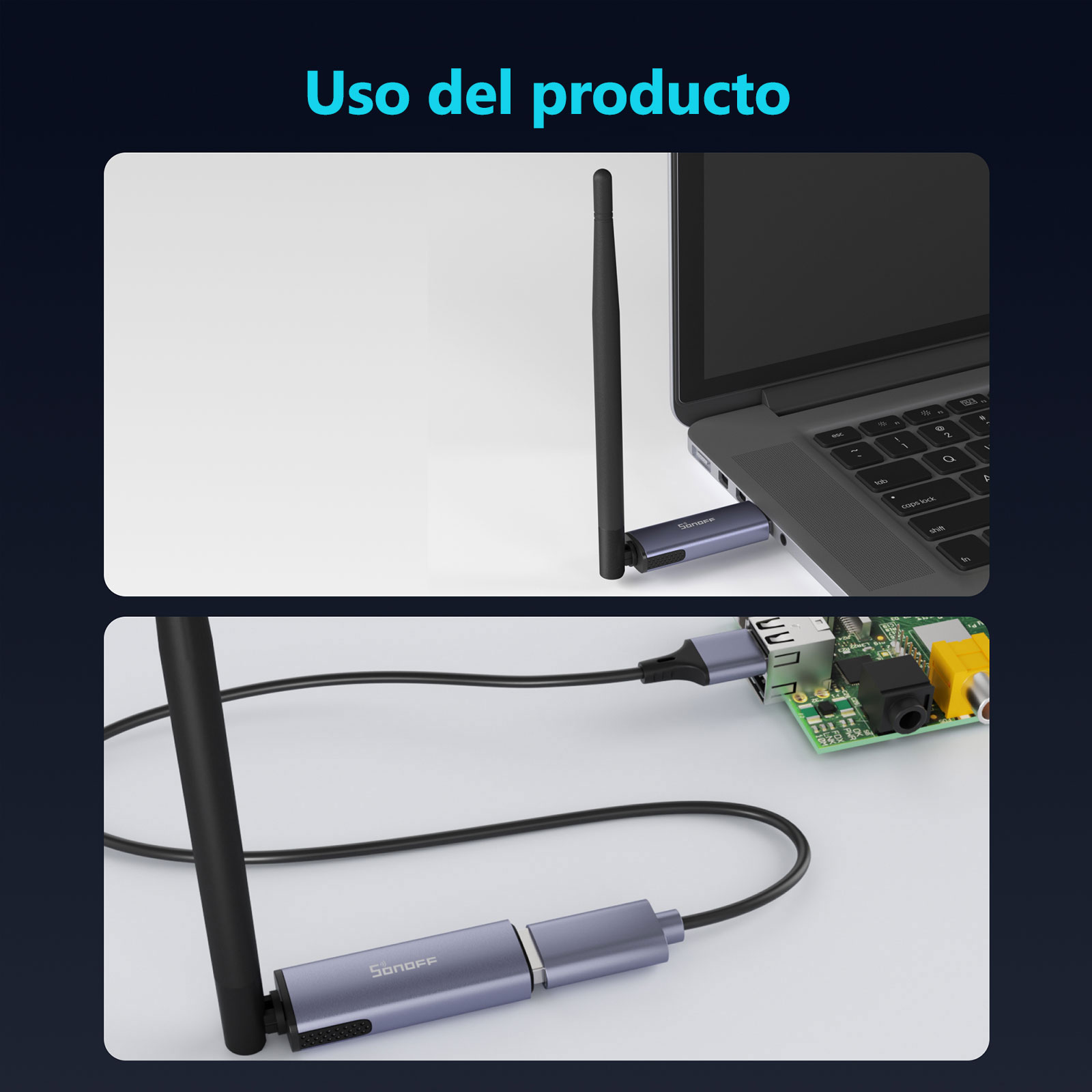 Un USB gris con antena se conecta a un portátil y a una Raspberry Pi.