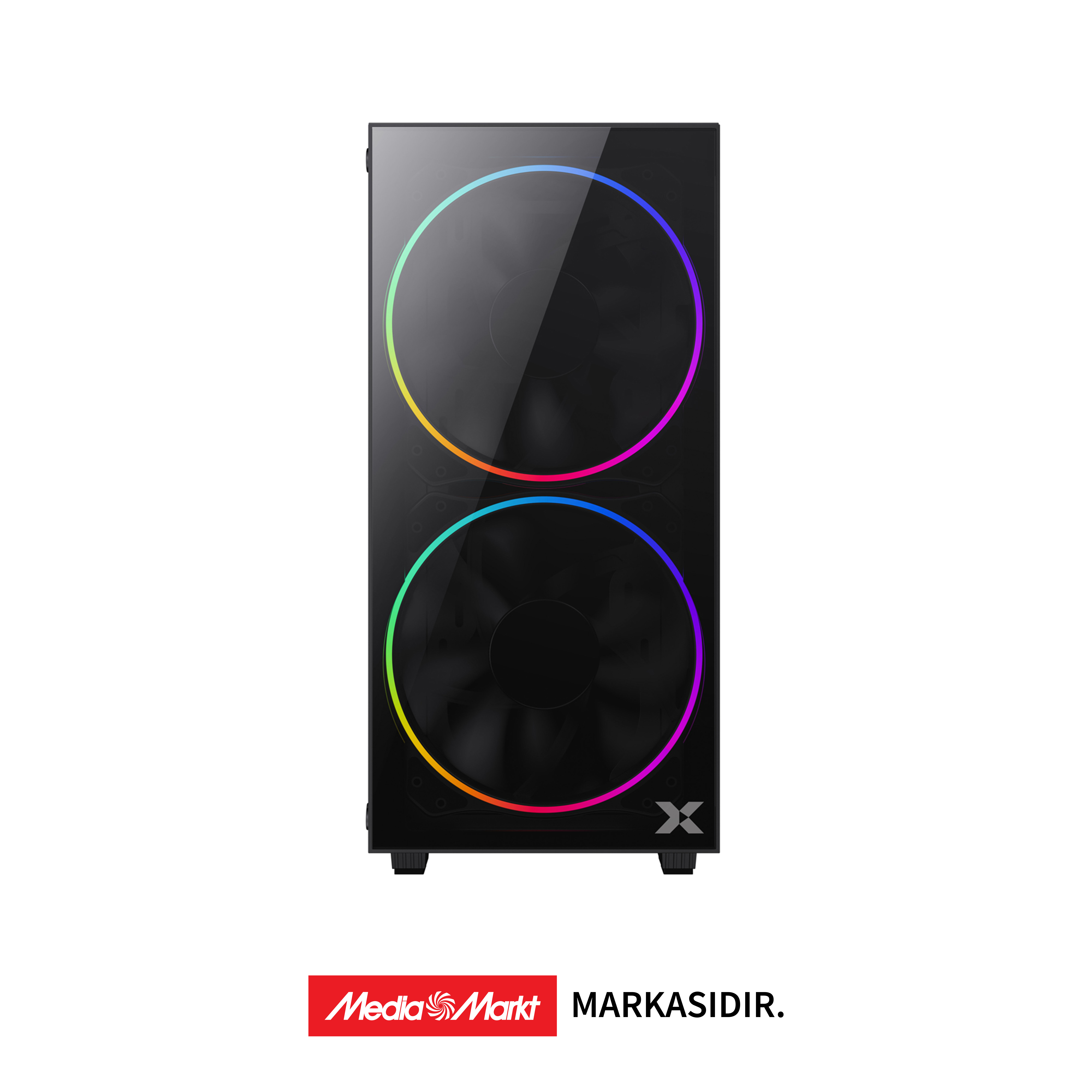 Cam önlü, iki RGB fanlı siyah PC kasası.