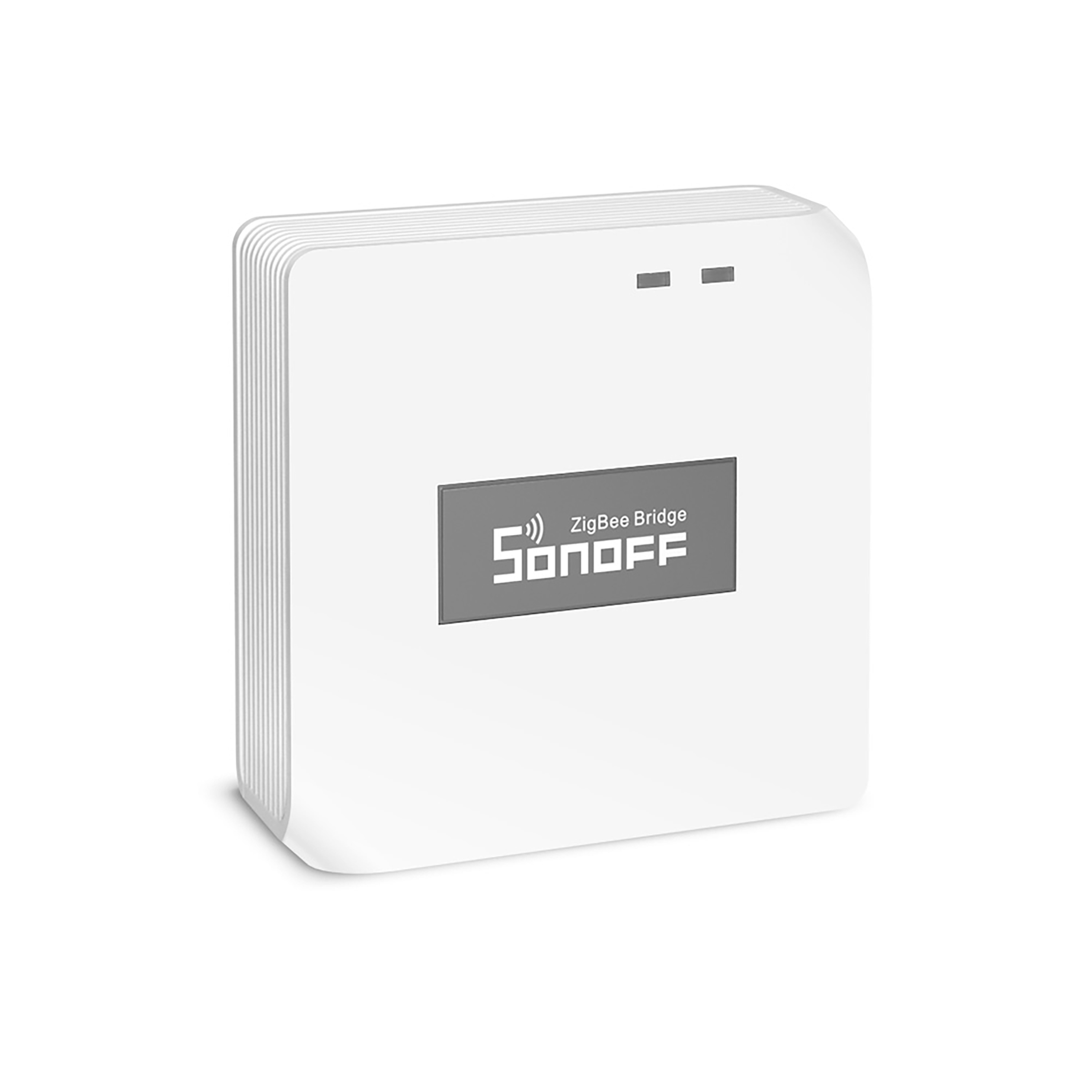 Un dispositivo Sonoff Zigbee Bridge blanco con ranuras de ventilación laterales.