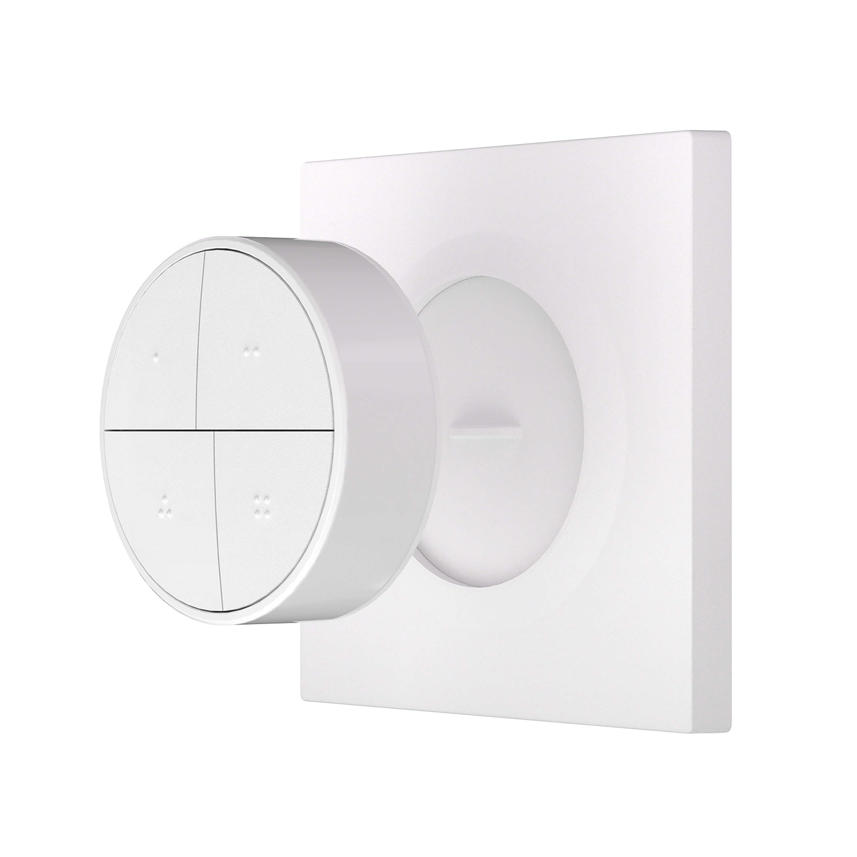 Un regulador redondo blanco con cuatro botones en una placa de pared cuadrada.
