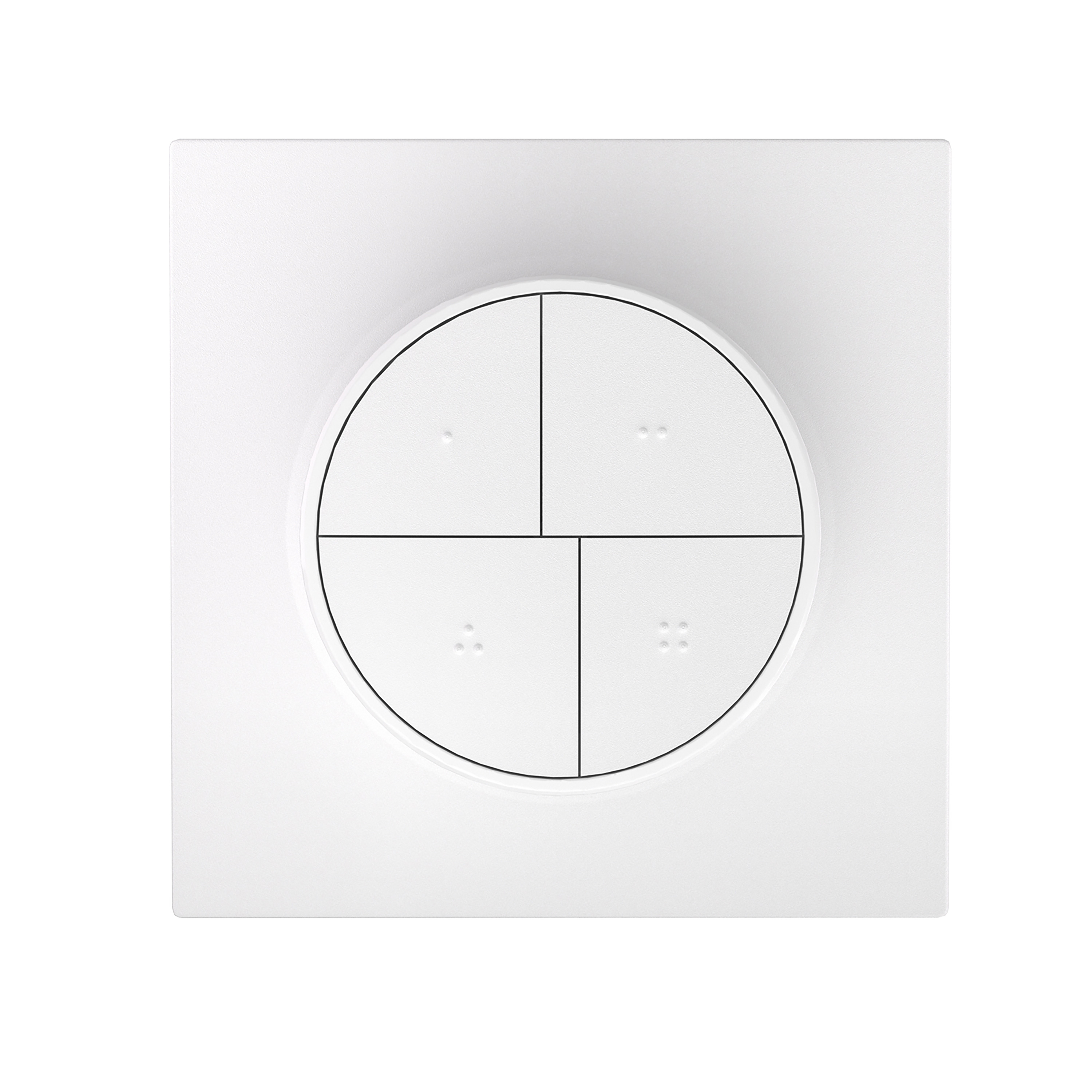 Un interruptor de pared blanco con cuatro botones redondos y puntos braille.