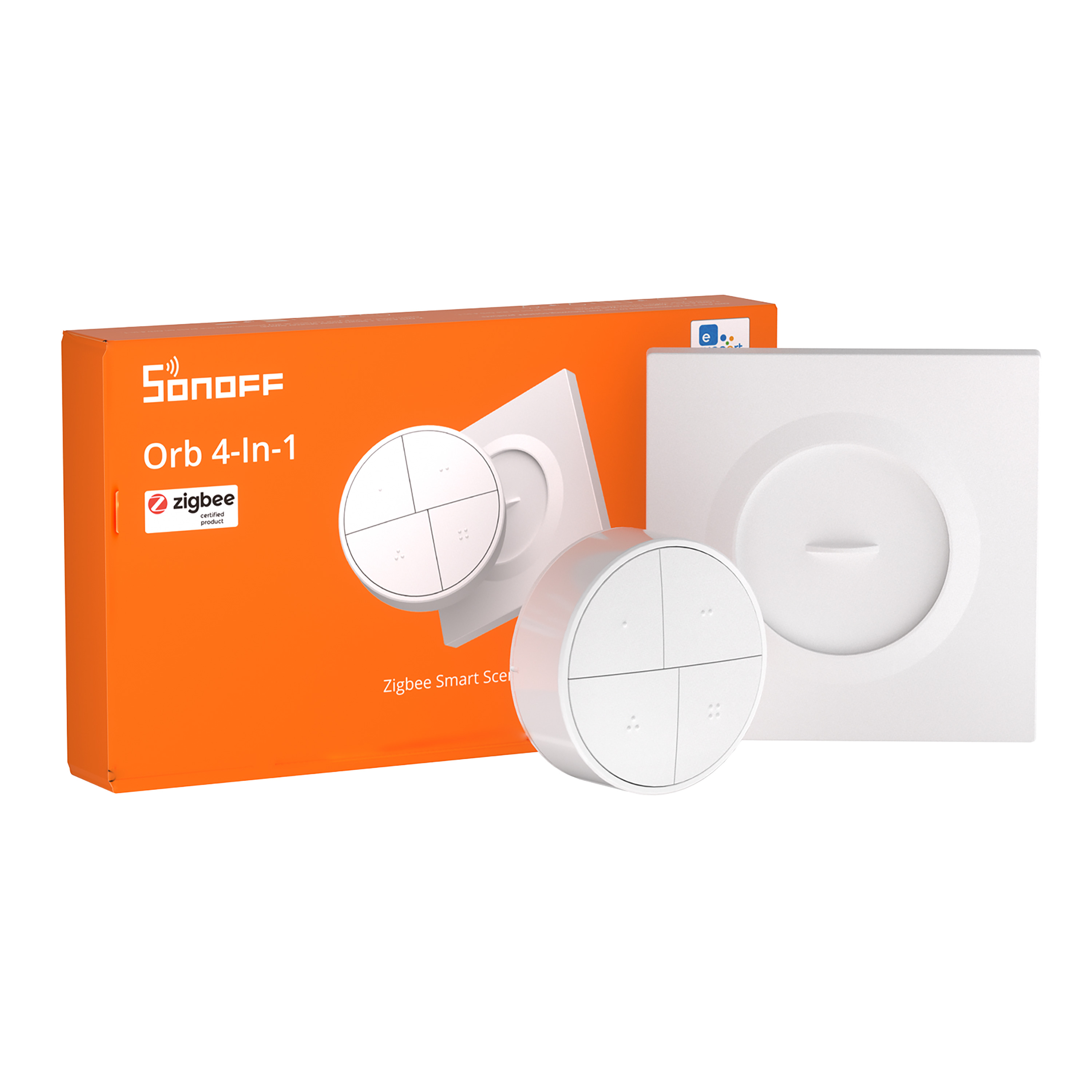 Sonoff Orb 4-in-1 sobre fondo blanco con su embalaje.