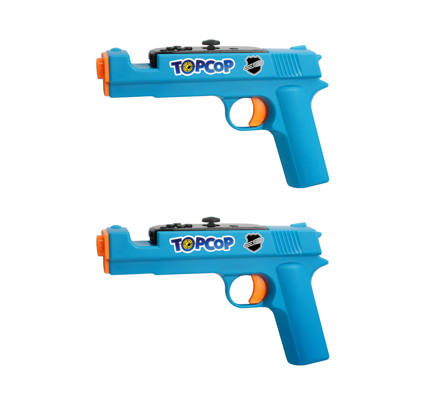 Dos pistolas de juguete azules con gatillos naranjas y calcomanías "TOPCOP".