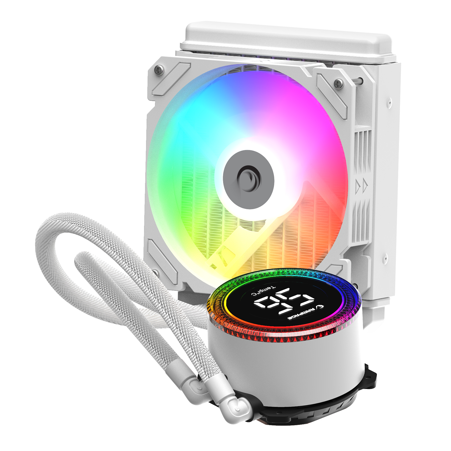 RGB fanlı ve dijital sıcaklık göstergeli beyaz CPU soğutucu.