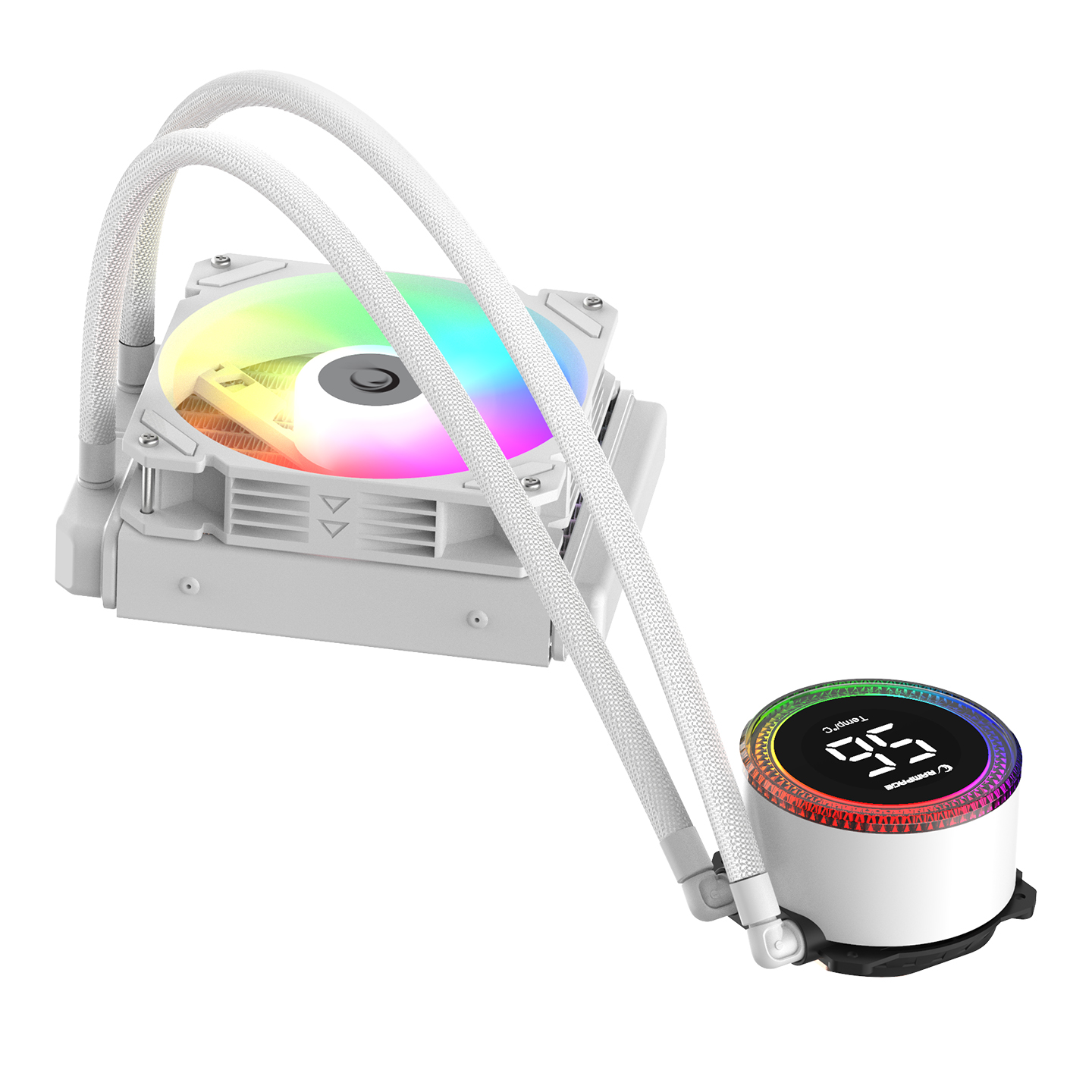 RGB aydınlatmalı, borulu ve dijital sıcaklık göstergeli beyaz CPU soğutucu.