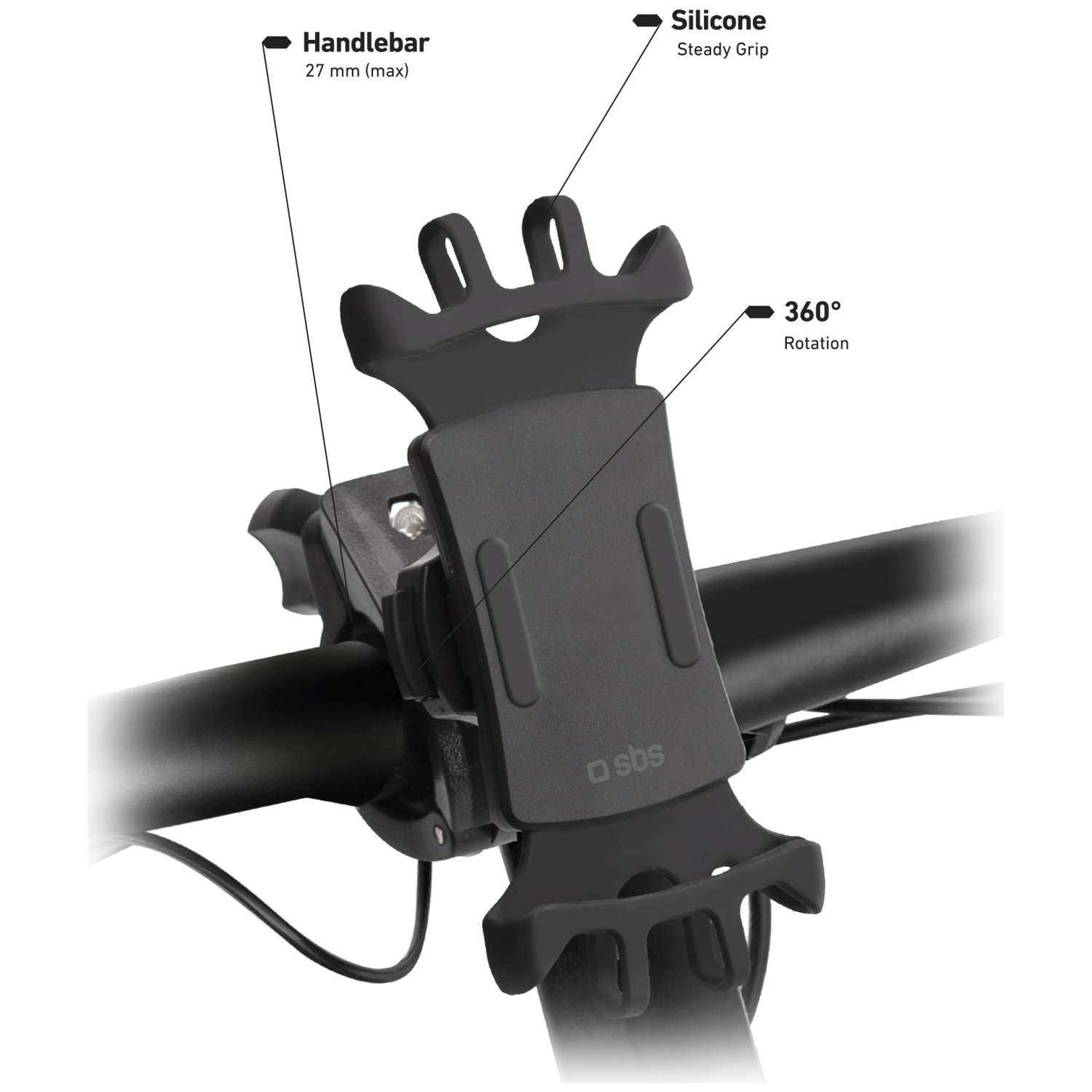 Support de téléphone noir pour vélo avec rotation à 360 degrés et grip en silicone.