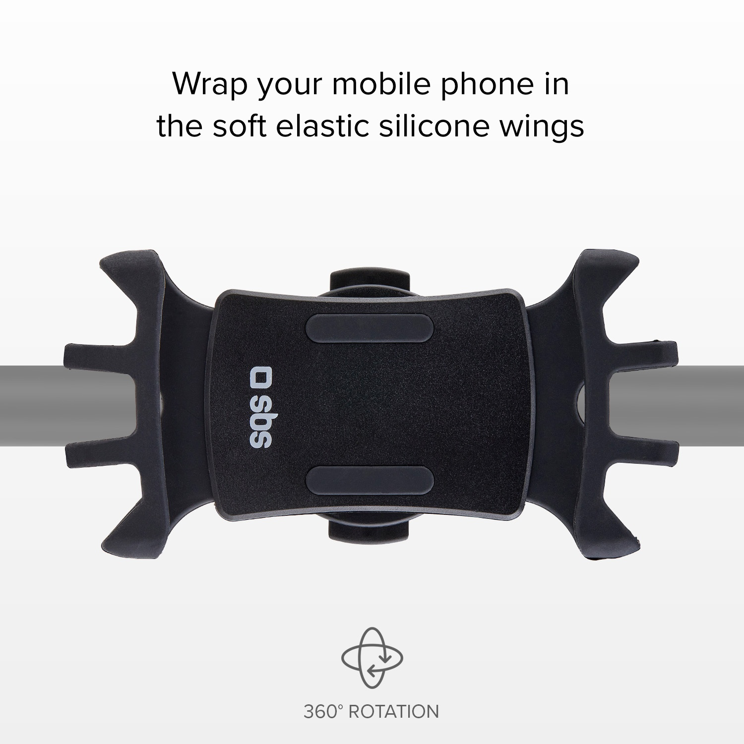 Support noir pour téléphone avec ailes en silicone monté sur barre.