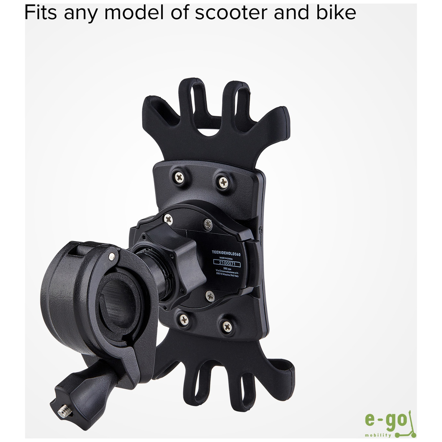 Un support de guidon noir pour trottinettes et vélos, avec un mécanisme de serrage.