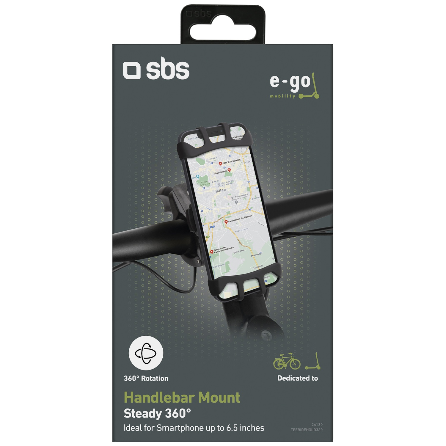 Support de guidon avec support de smartphone, montrant une carte de Milan.