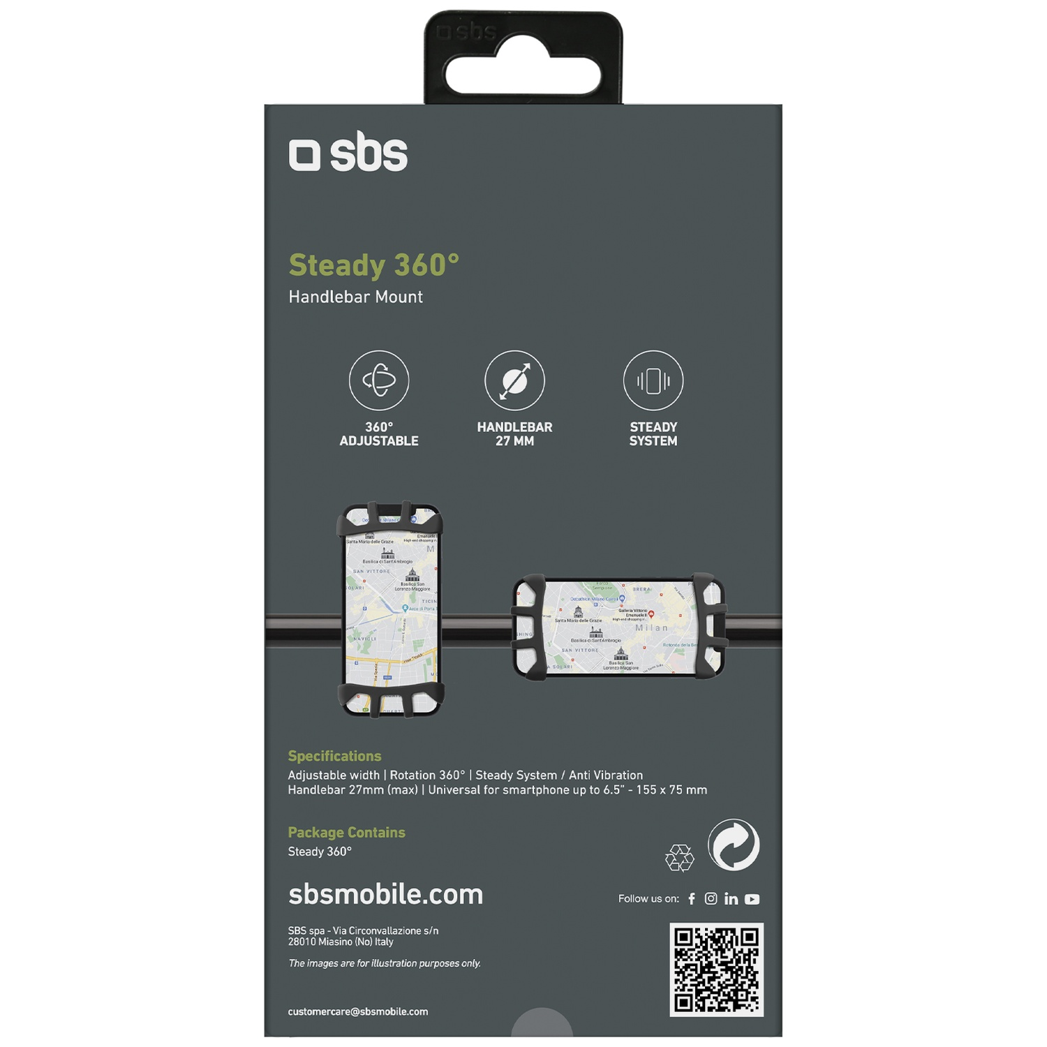 Support guidon SBS Steady 360 pour smartphone, affichant une carte de navigation.