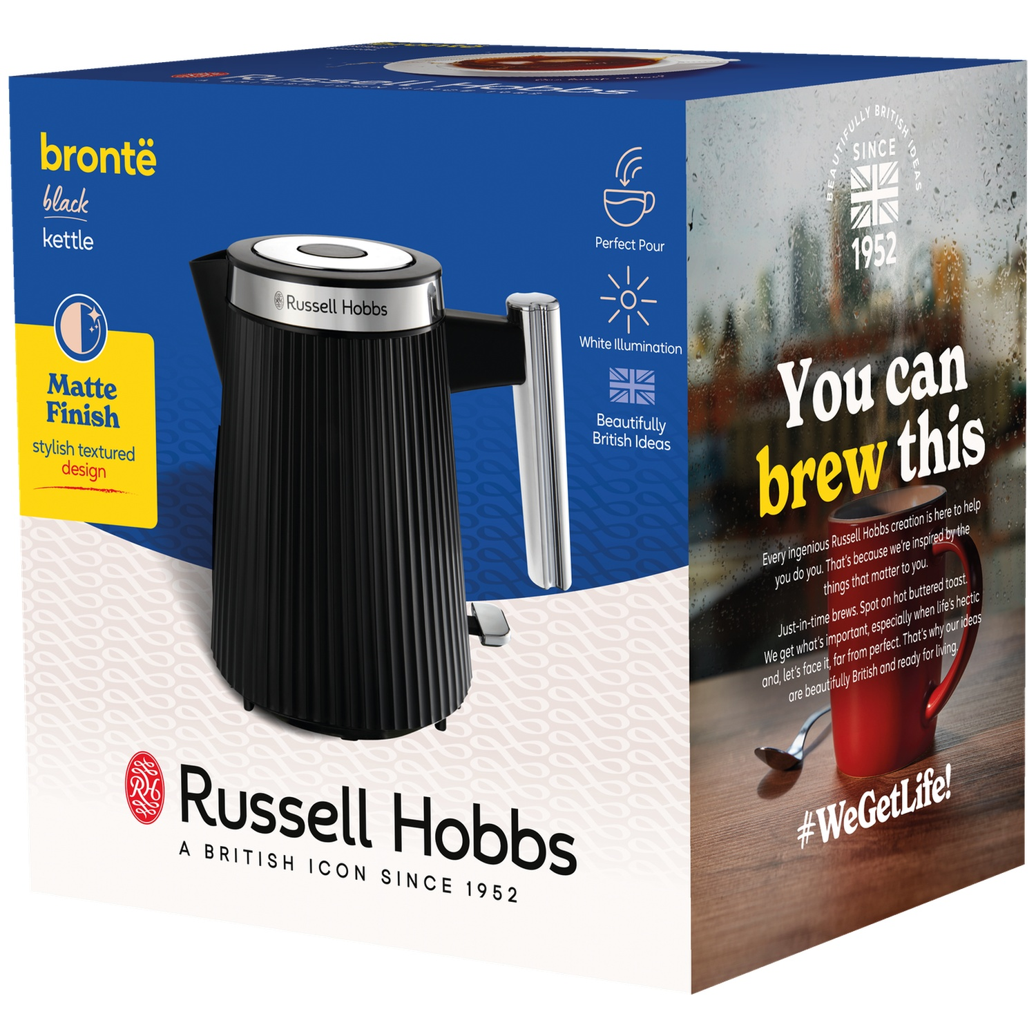 Zwarte Russell Hobbs waterkoker met geribbelde textuur en zilveren handgreep.