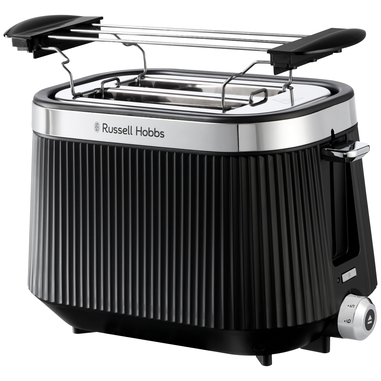 Un grille-pain Russell Hobbs noir avec corps nervuré et bordure chromée.