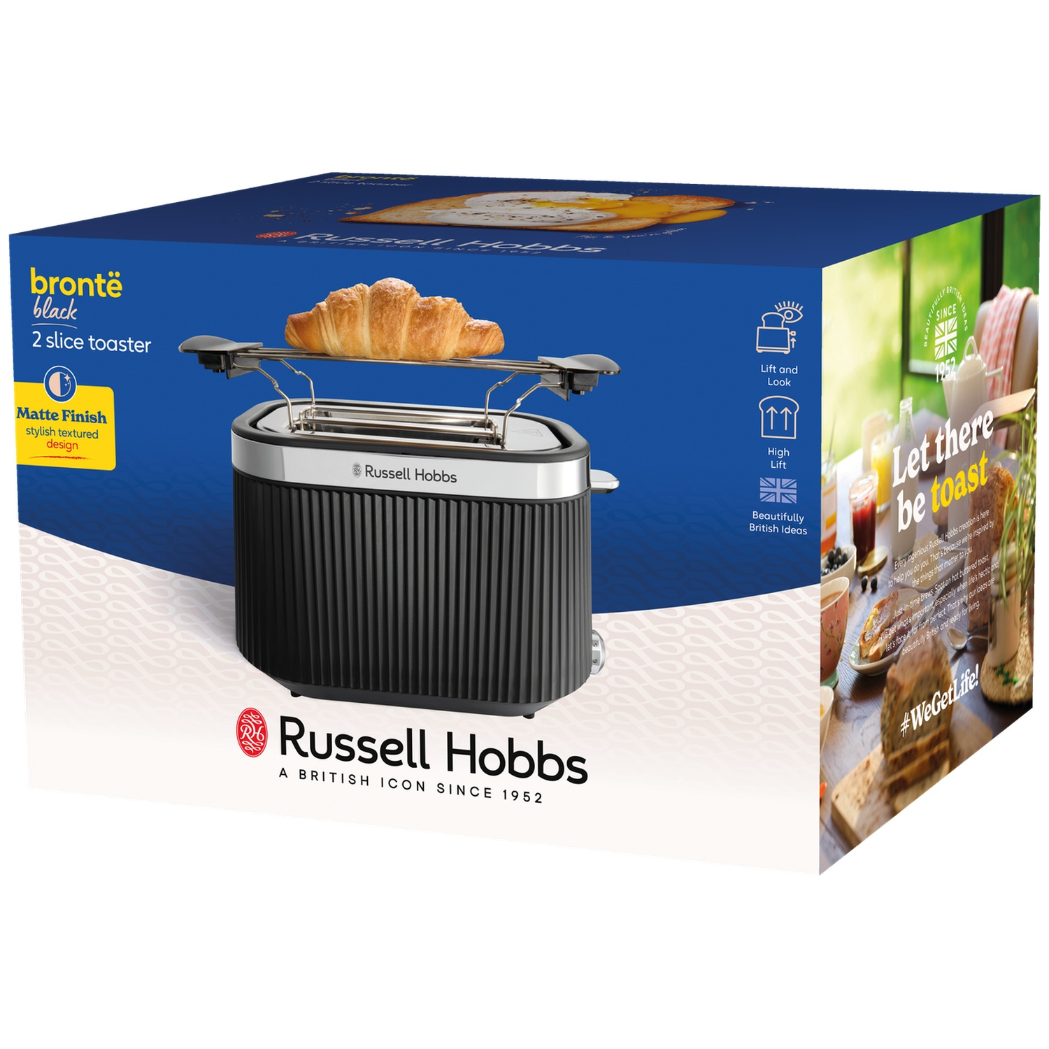 Grille-pain Russell Hobbs noir 2 tranches sur son emballage avec un croissant.