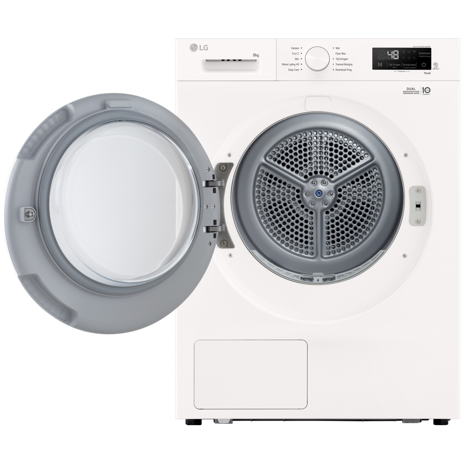 White LG washing machine with open door and drum. Display shows 48.
