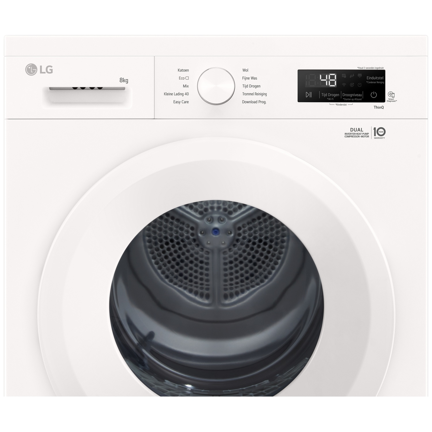 White LG 8kg dryer with digital display and program selector.