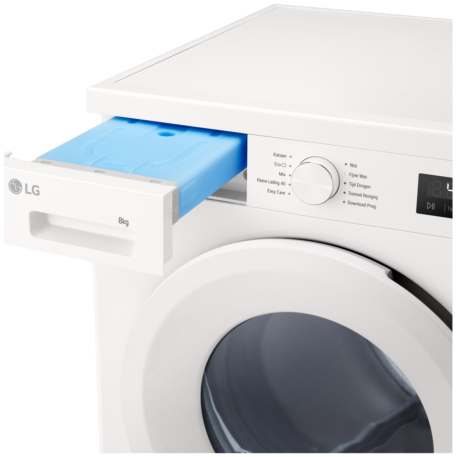A white LG washing machine with its blue drawer pulled out and control panel.
