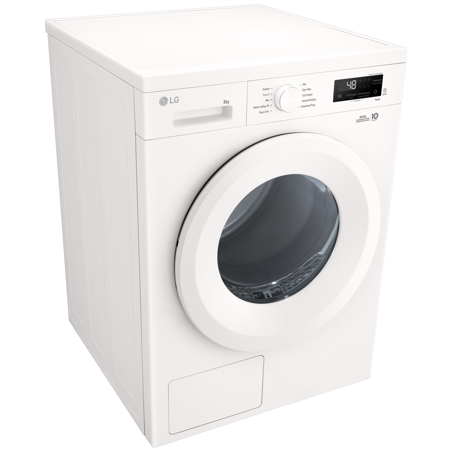 White LG washing machine with a round door and digital display.
