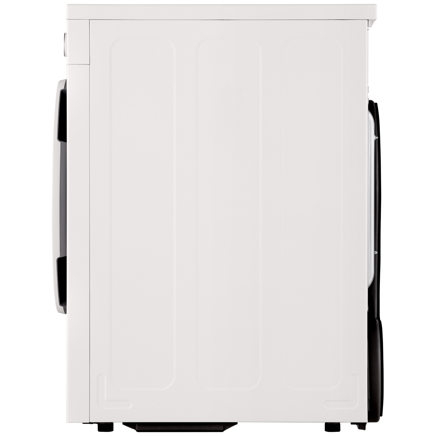 White washing machine seen from the side with a black detail on the door.