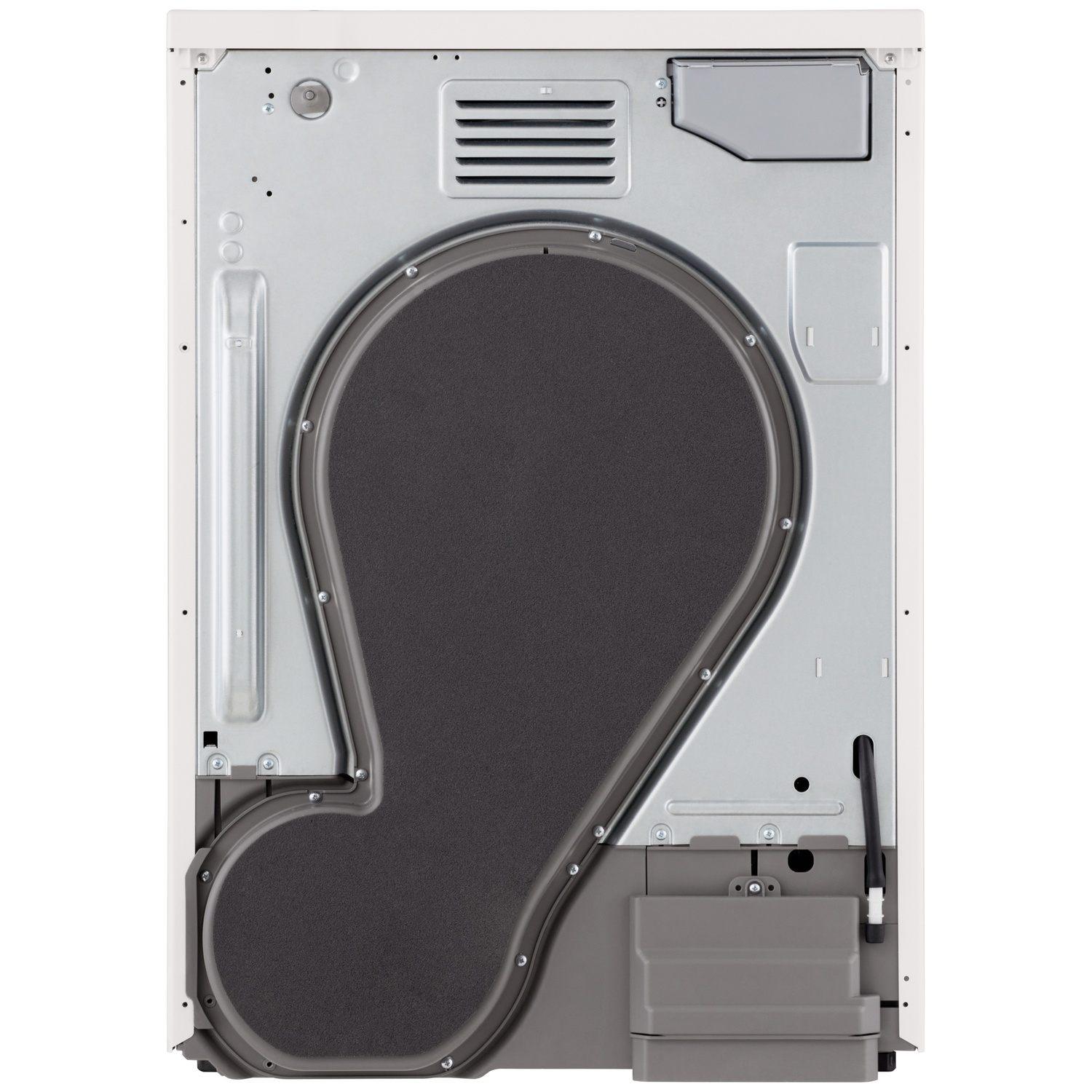 Back of a white dryer showing silver metal components and a dark housing.