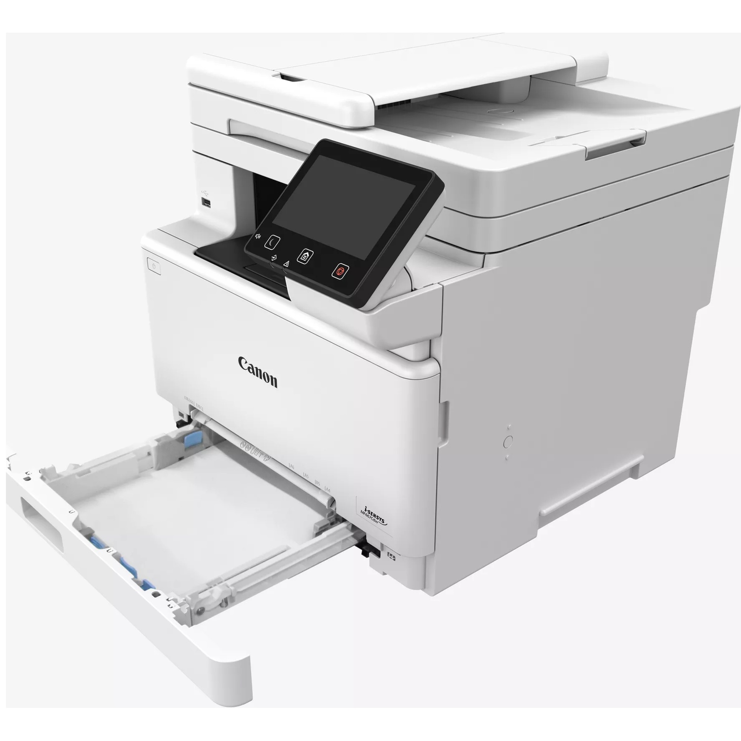 Une imprimante Canon blanche avec son bac à papier étendu et un écran tactile.