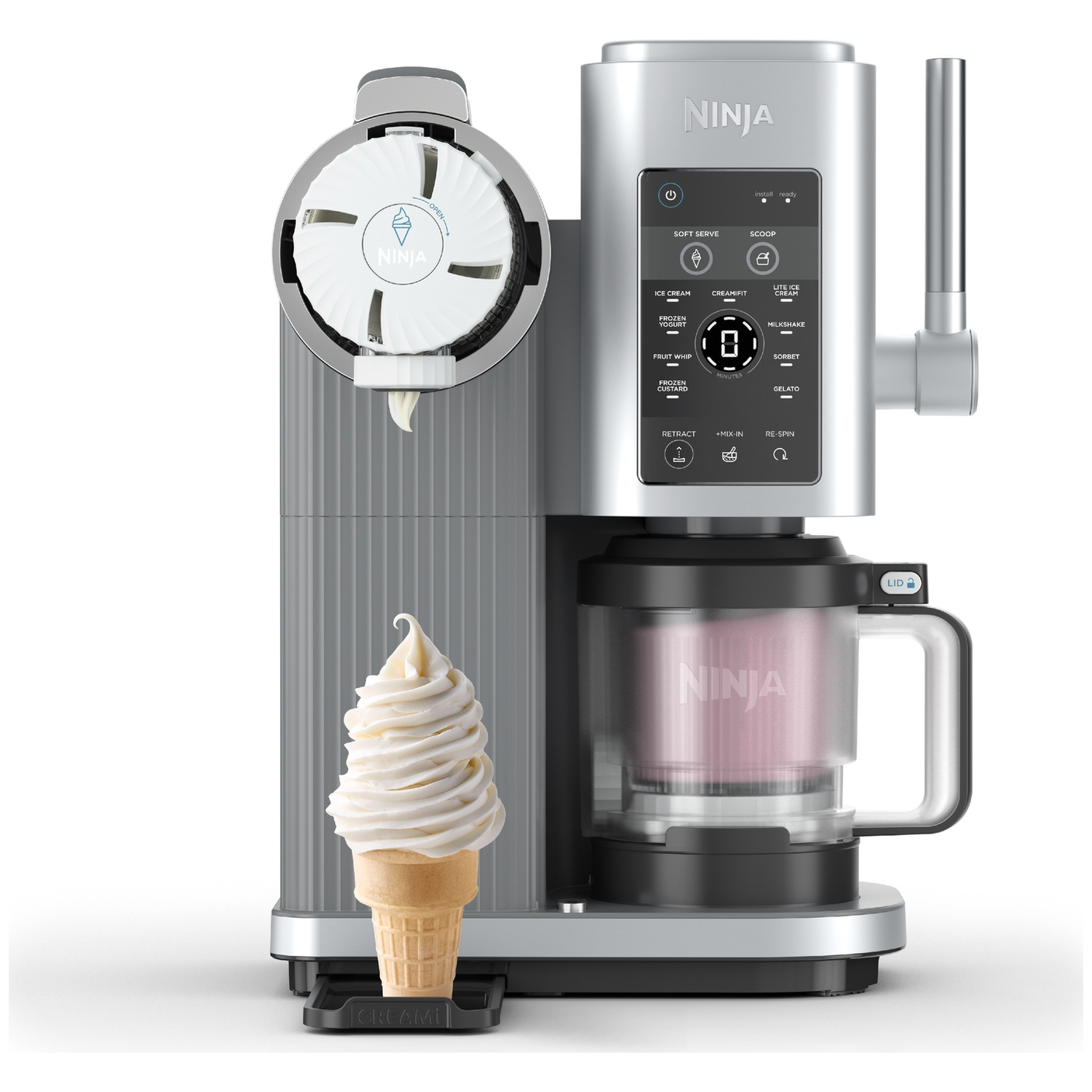 Ninja Creami ice cream maker with soft serve ice cream in a cone.