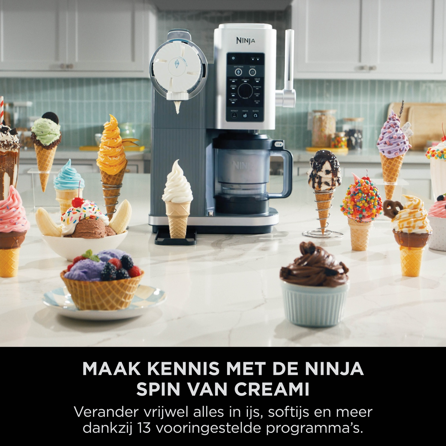 A Ninja Creami ice cream maker with various ice cream creations beside it.