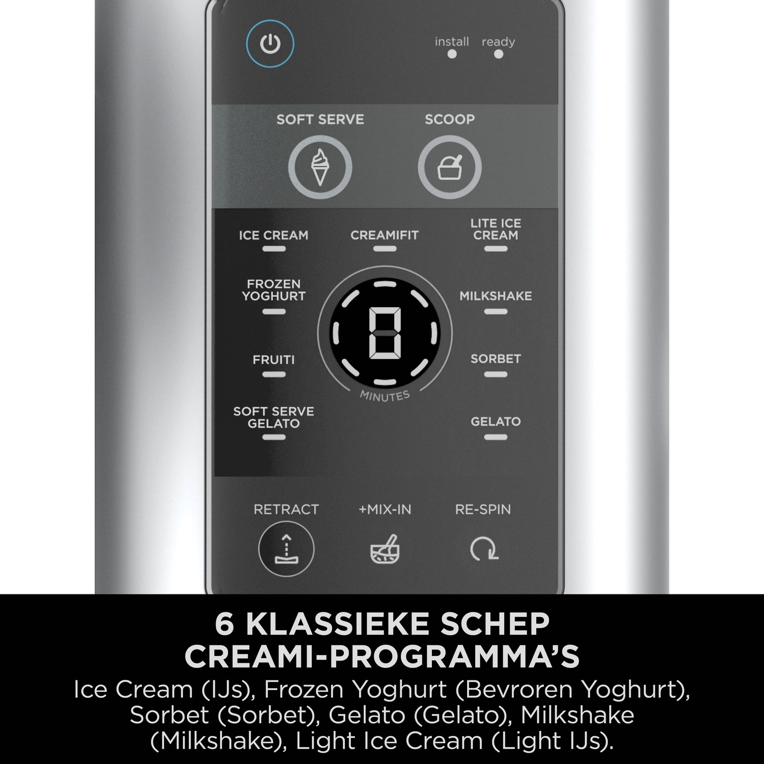 An ice cream maker control panel with options like Soft Serve, Scoop, Ice Cream, Frozen Yoghurt, Sorbet, Gelato.