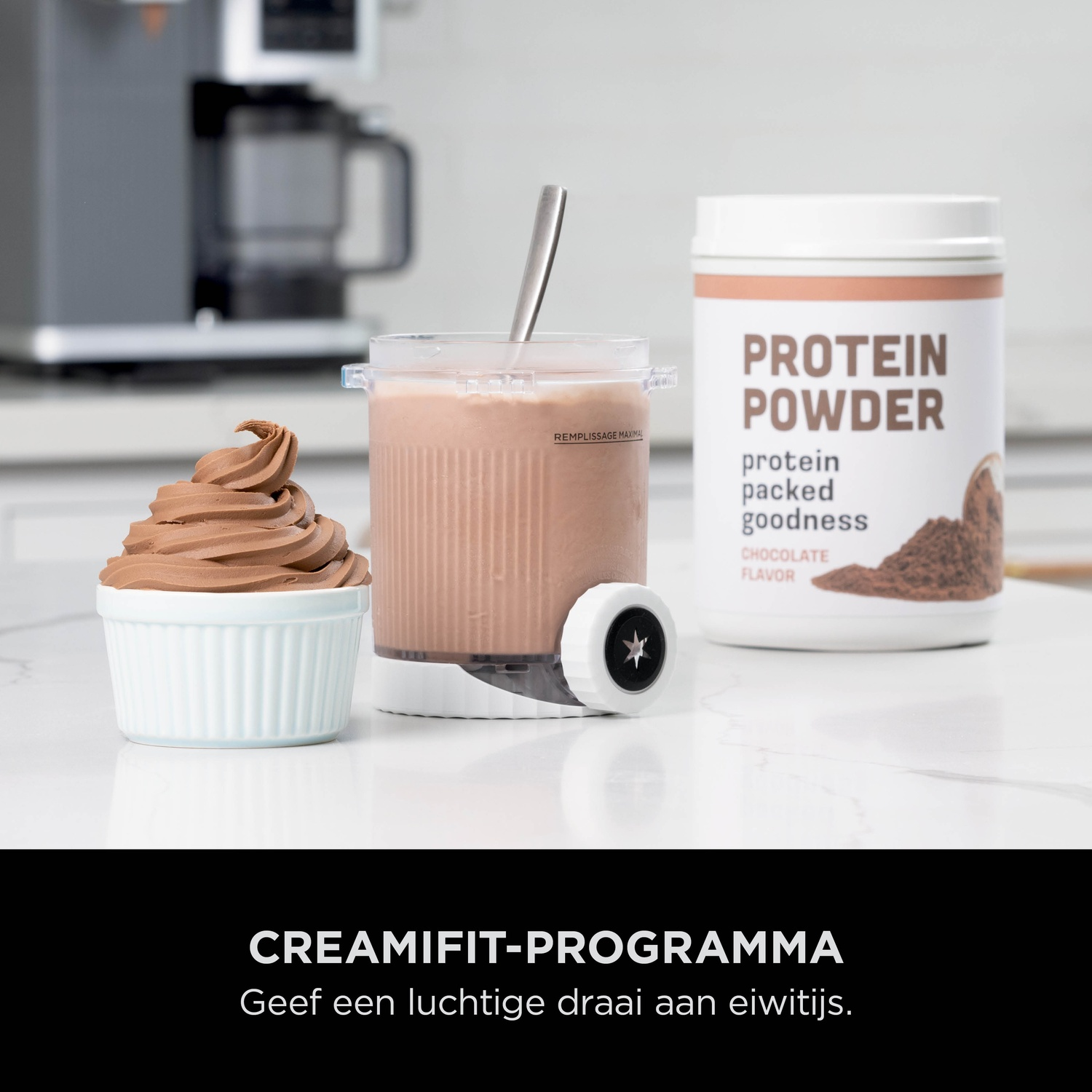 Chocolate protein ice cream, shake and powder.