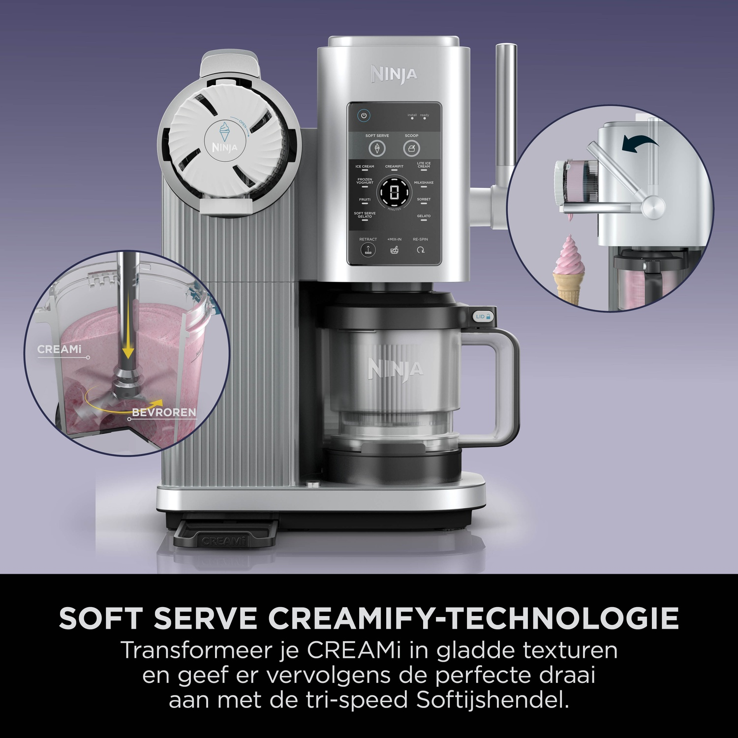 A silver Ninja Creami ice cream maker with various modes and a soft-serve ice cream cone.
