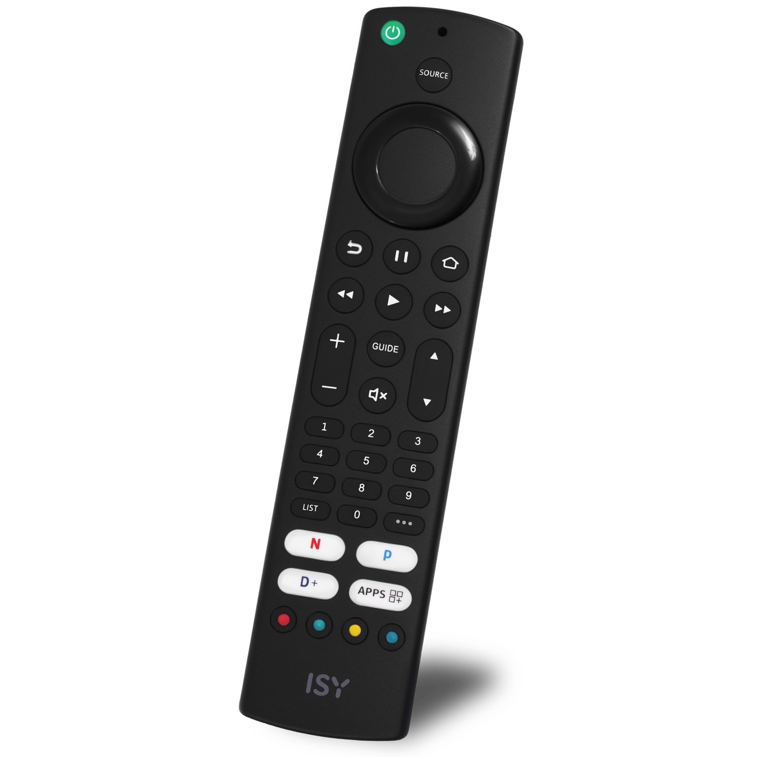 Télécommande ISY noire avec boutons d'alimentation, source, navigation, numéros et applications.