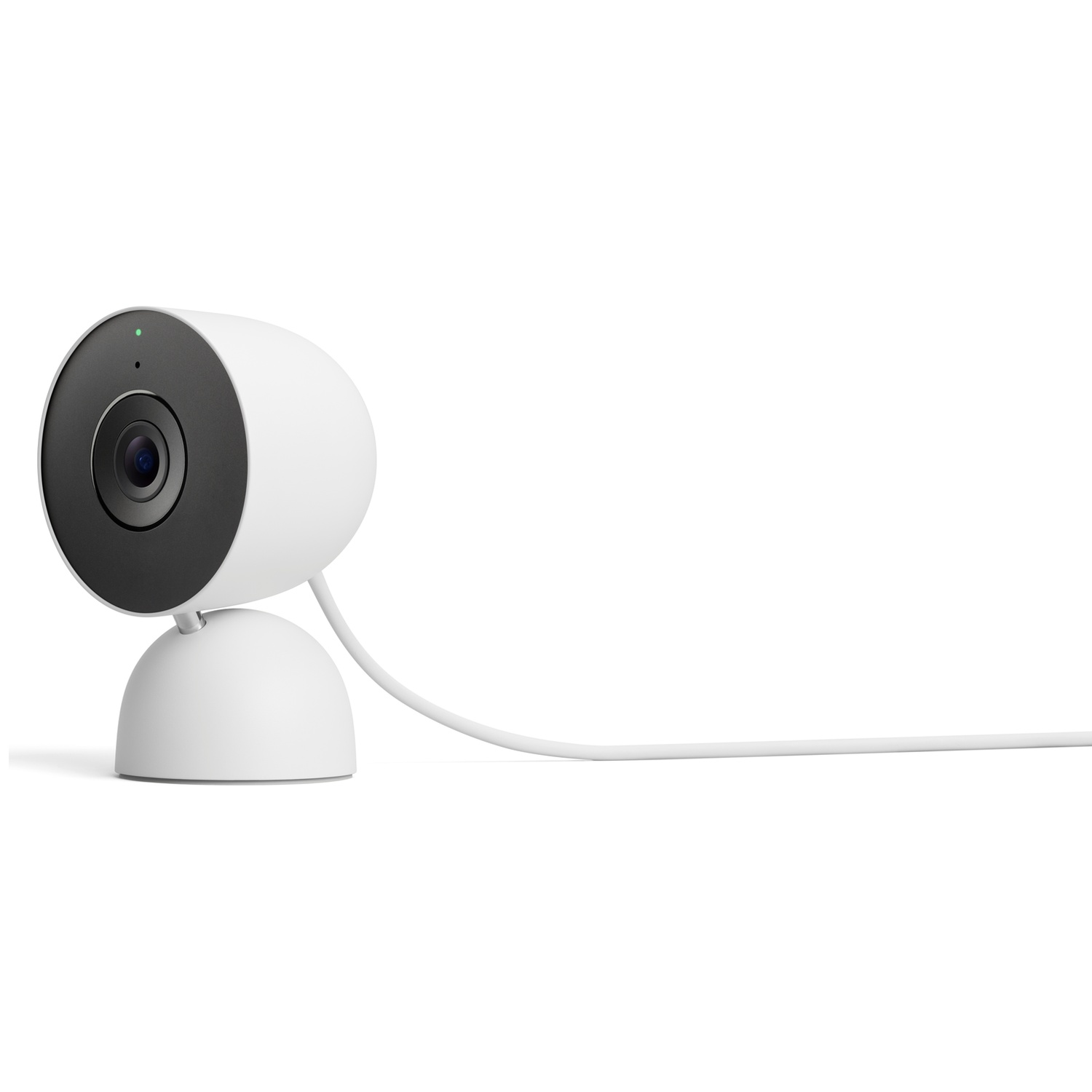 Een witte webcam met een grijs front en een groen lampje staat op een witte standaard.
