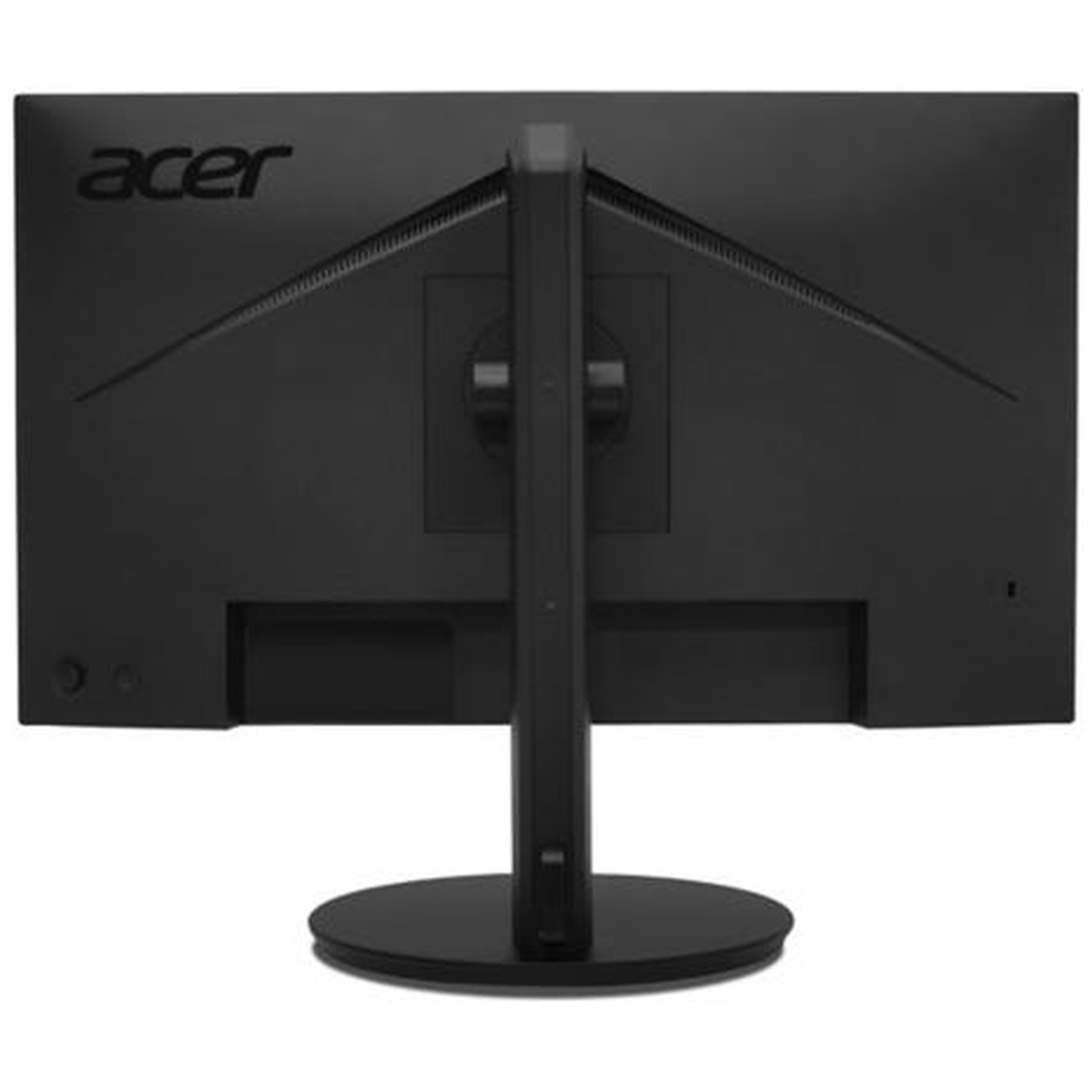 Back view of a black Acer monitor with a round stand.